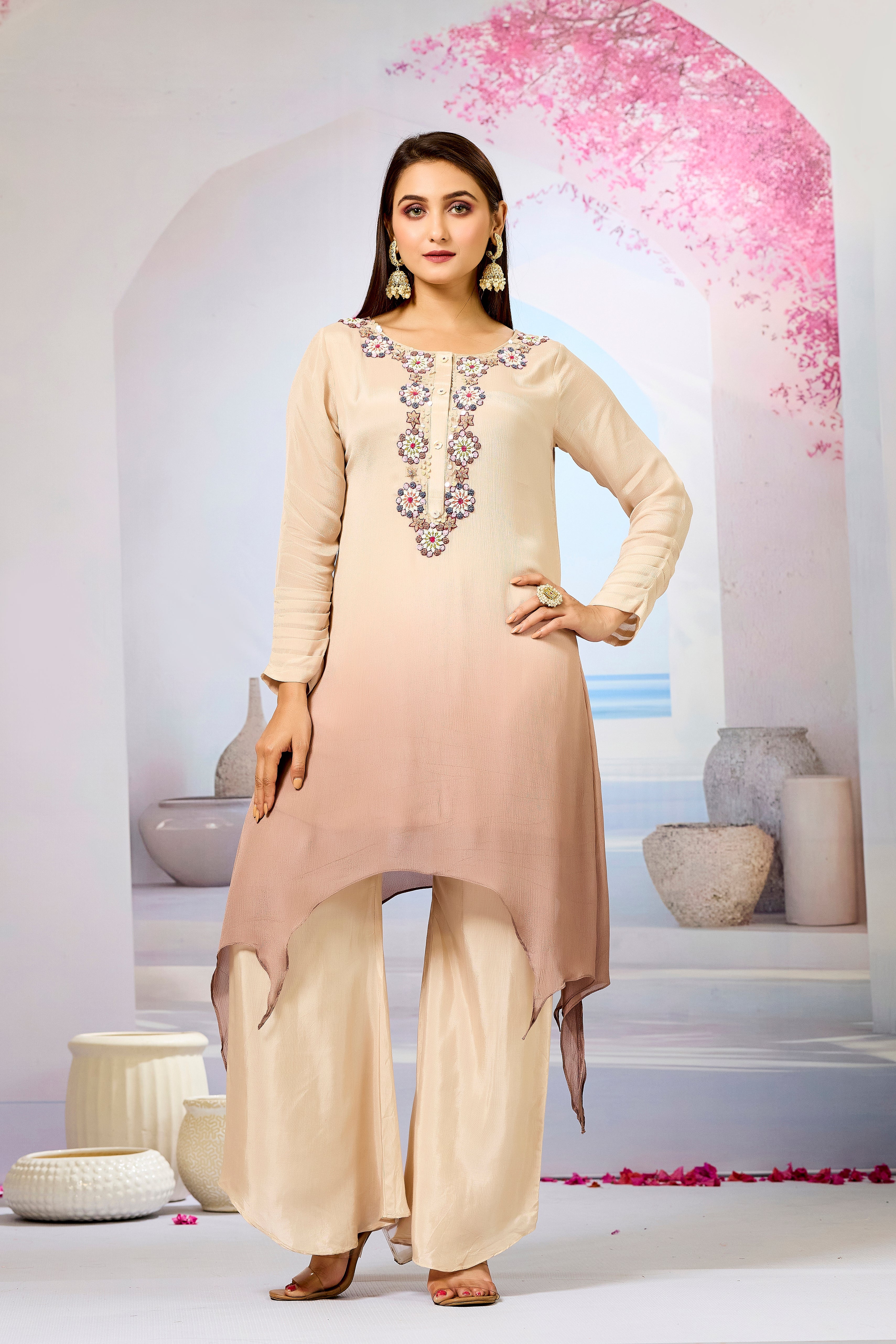 Beige Ombre-Dyed Chinon Silk Palazzo Set