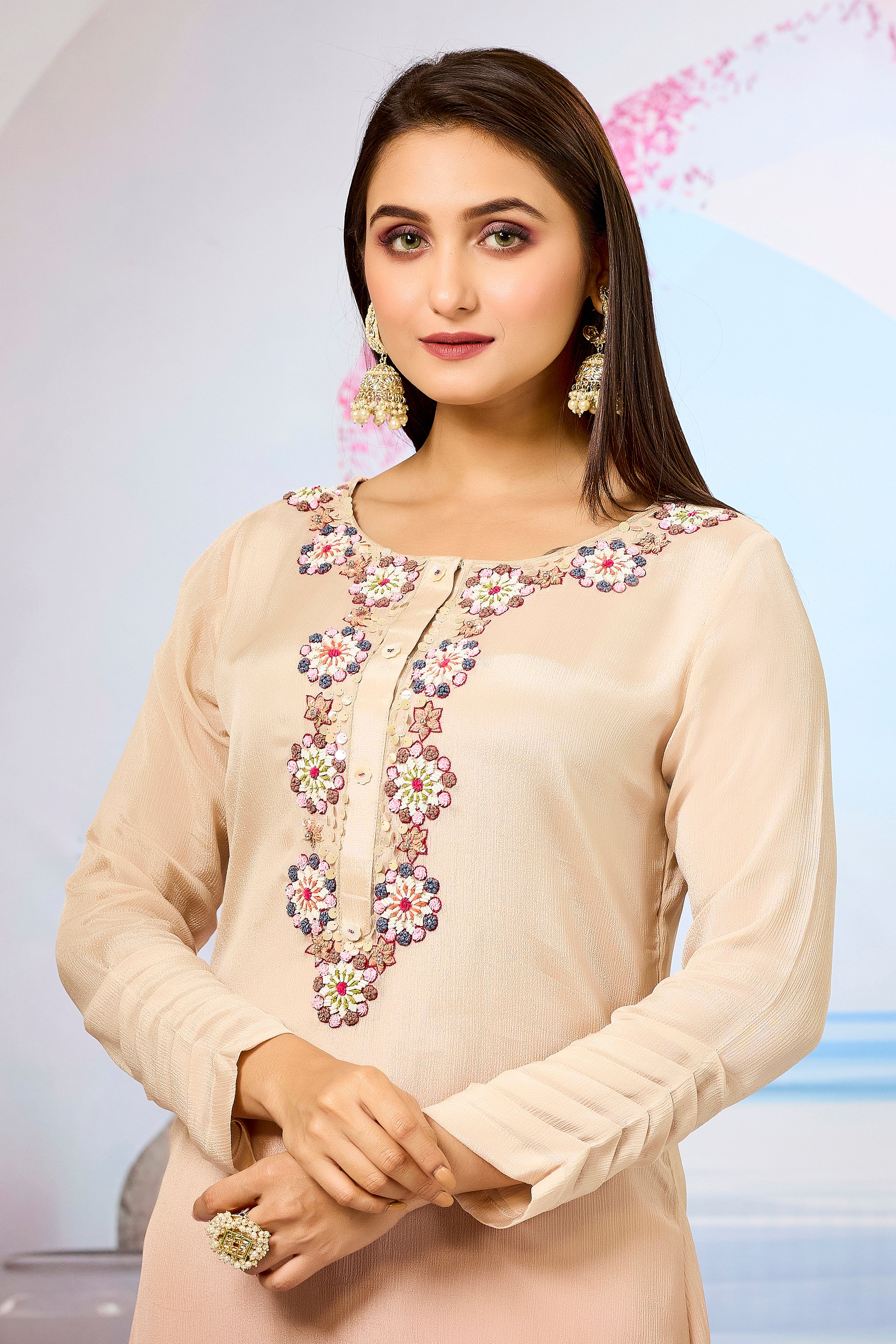 Beige Ombre-Dyed Chinon Silk Palazzo Set