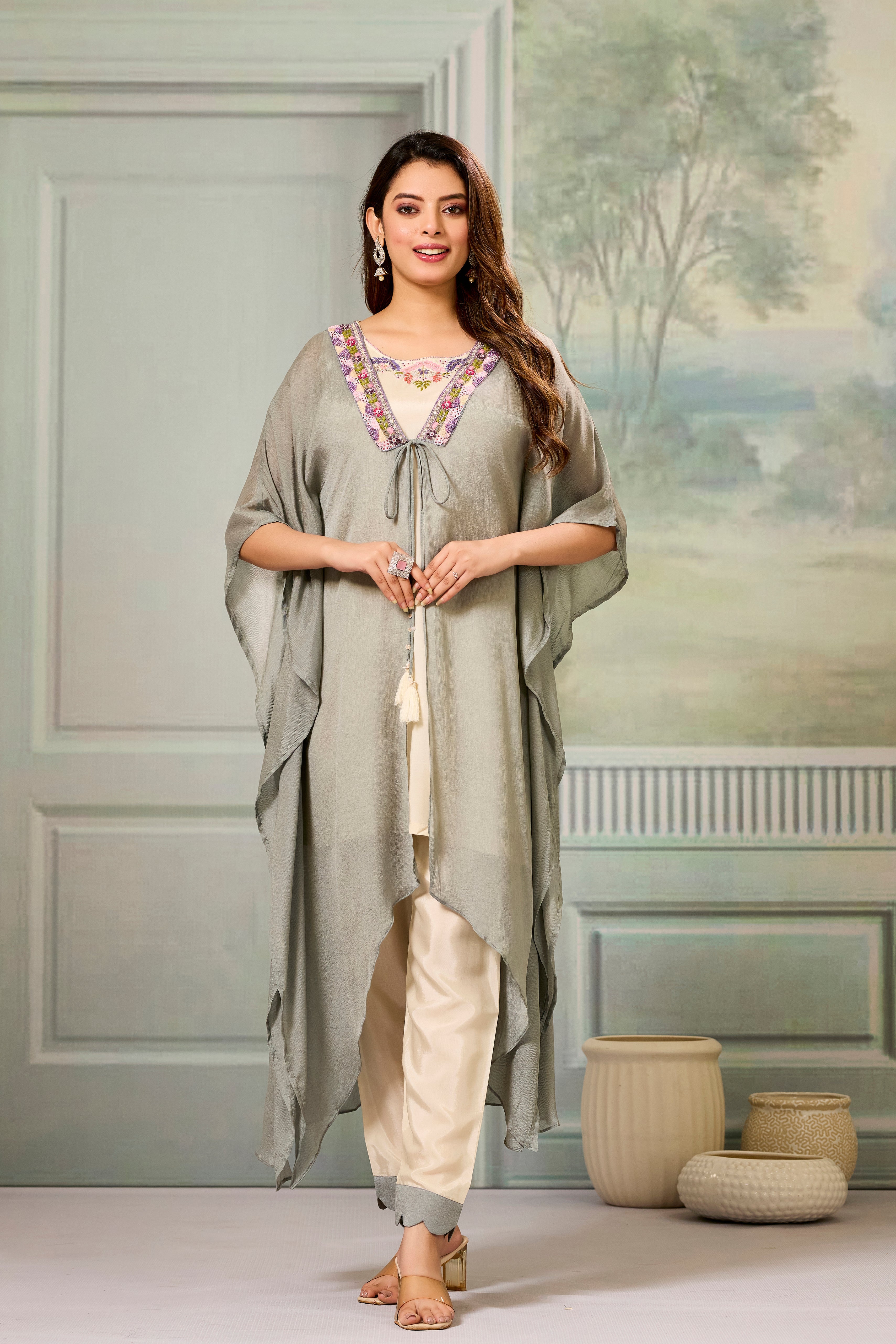 Beige Grey Embellished Chinon Silk Cape Set