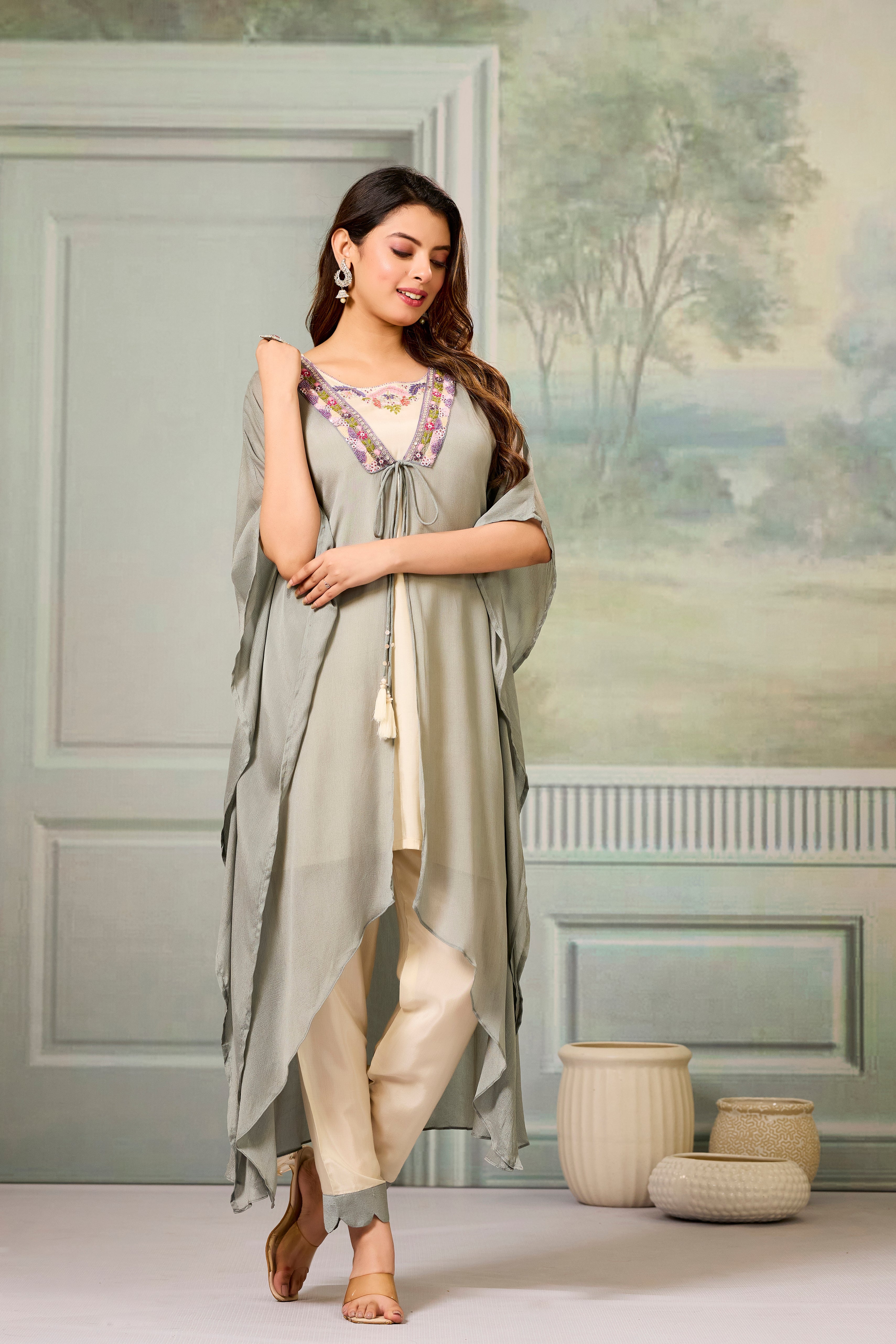 Beige Grey Embellished Chinon Silk Cape Set