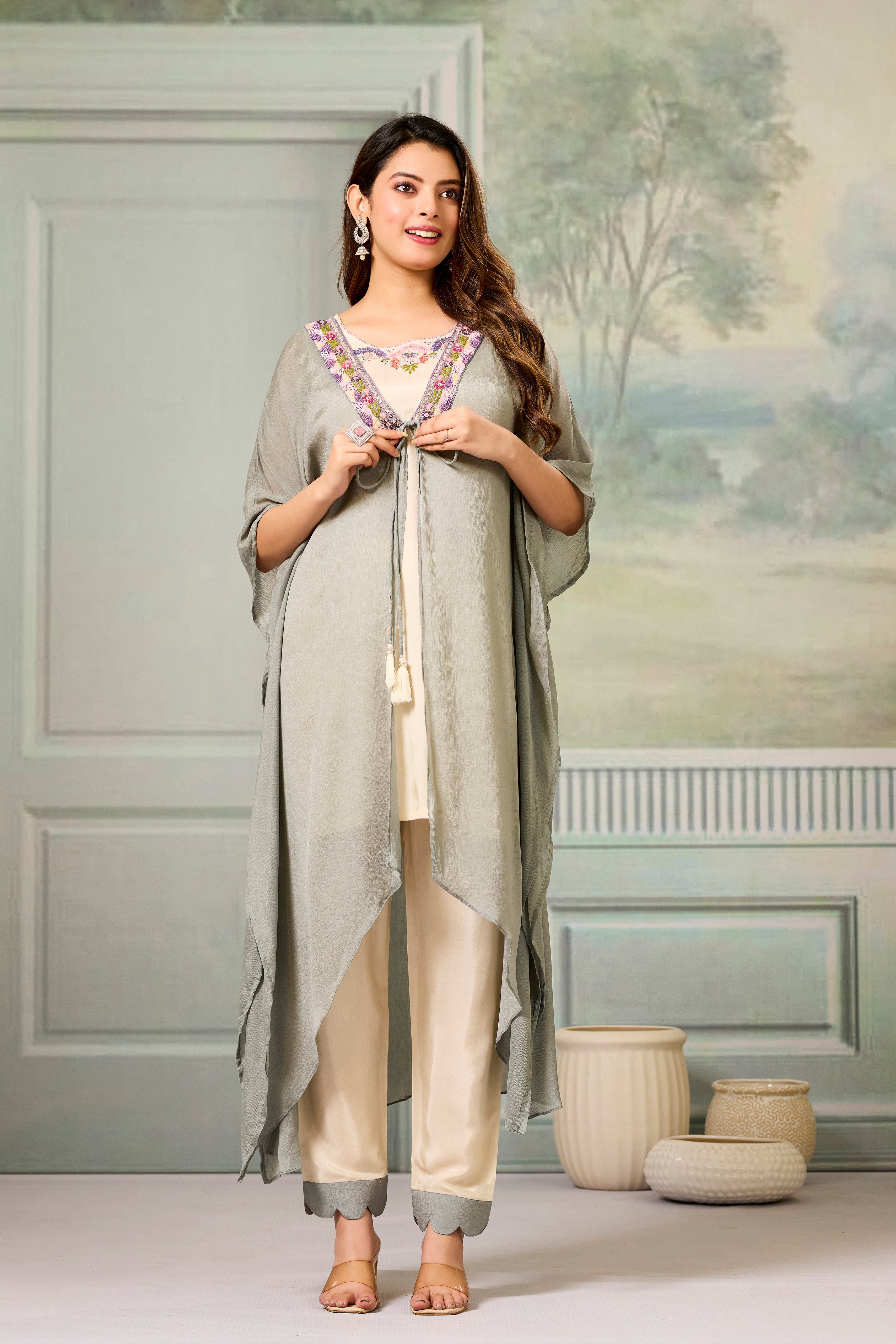 Beige Grey Embellished Chinon Silk Cape Set