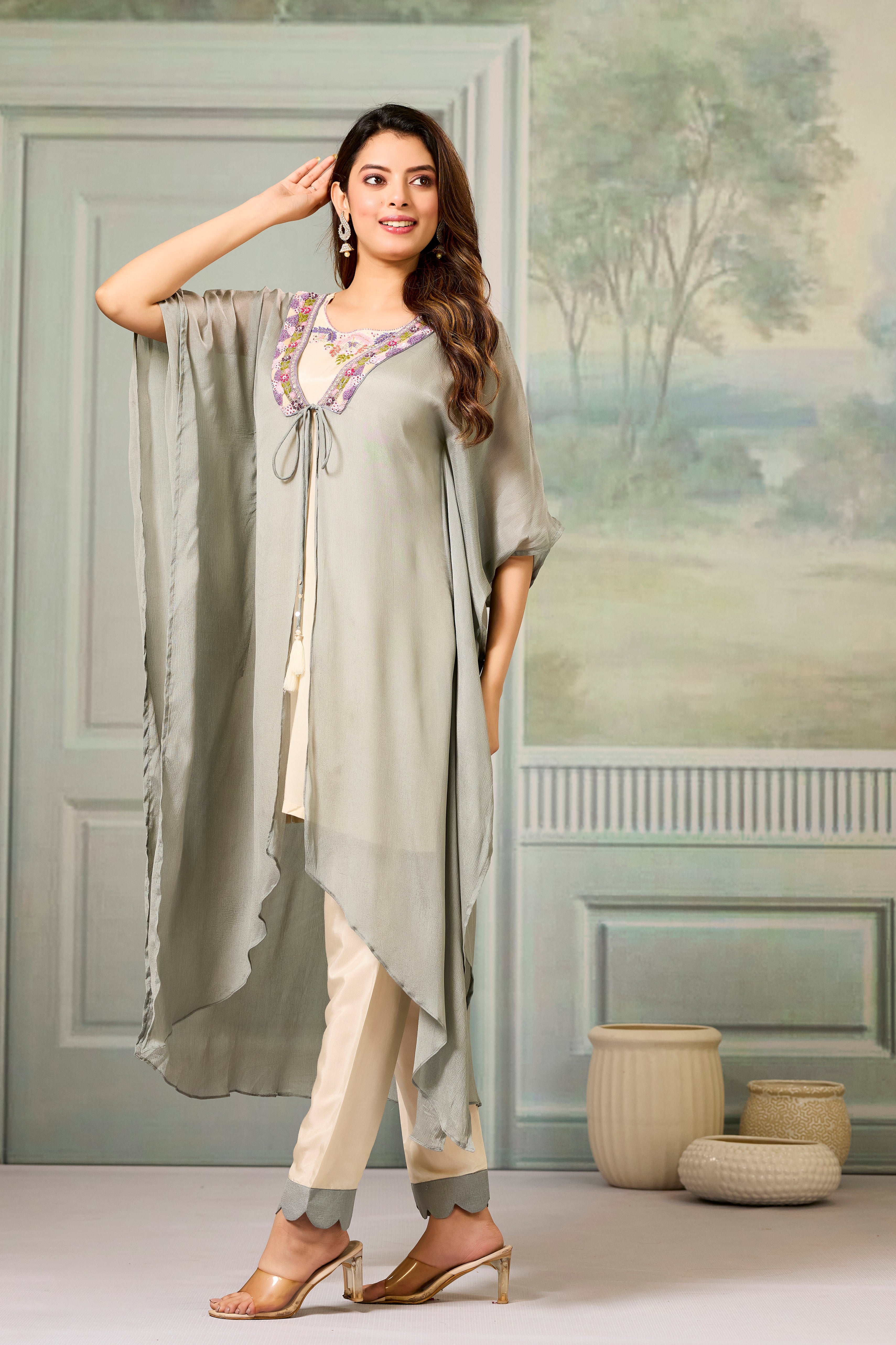 Beige Grey Embellished Chinon Silk Cape Set