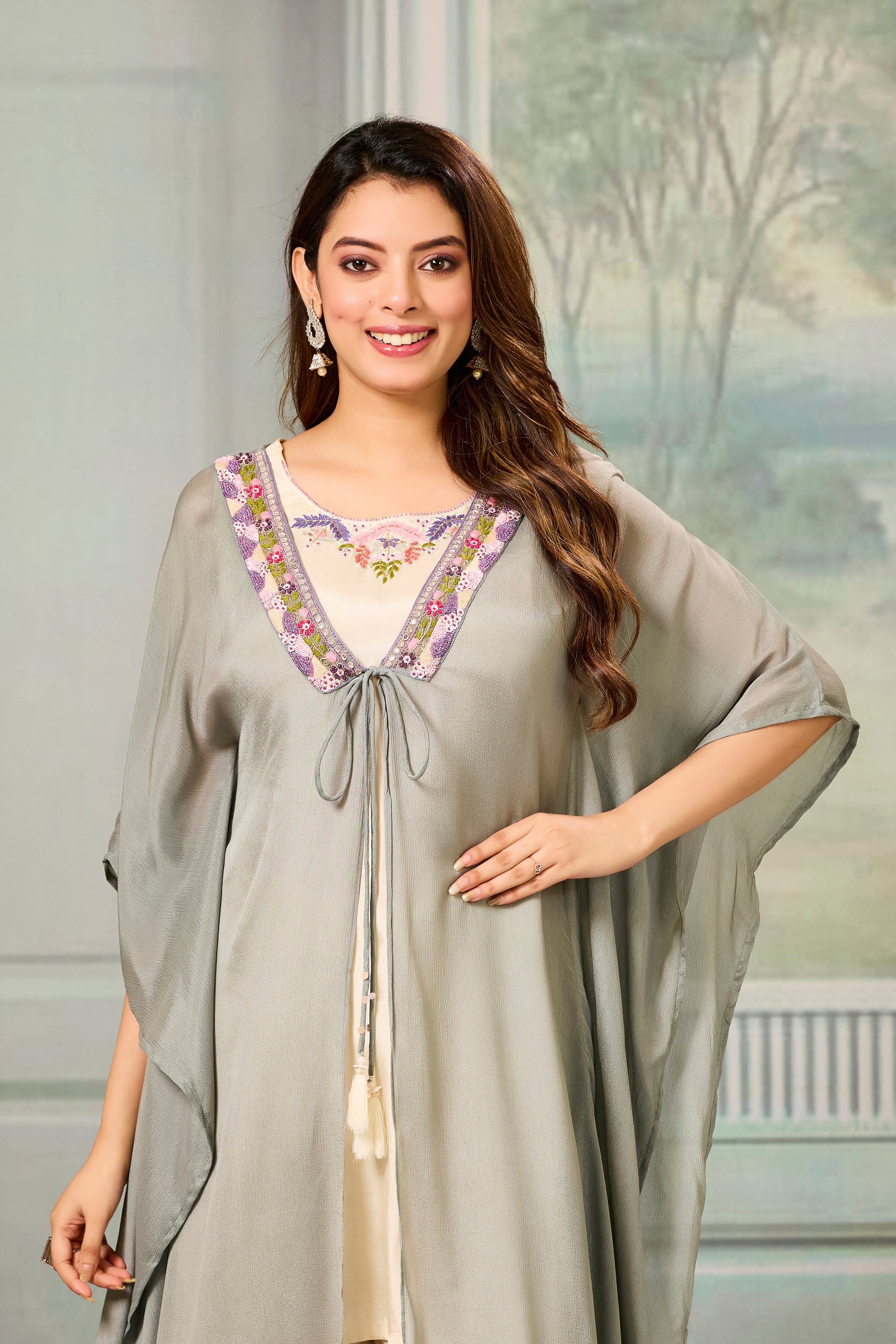 Beige Grey Embellished Chinon Silk Cape Set