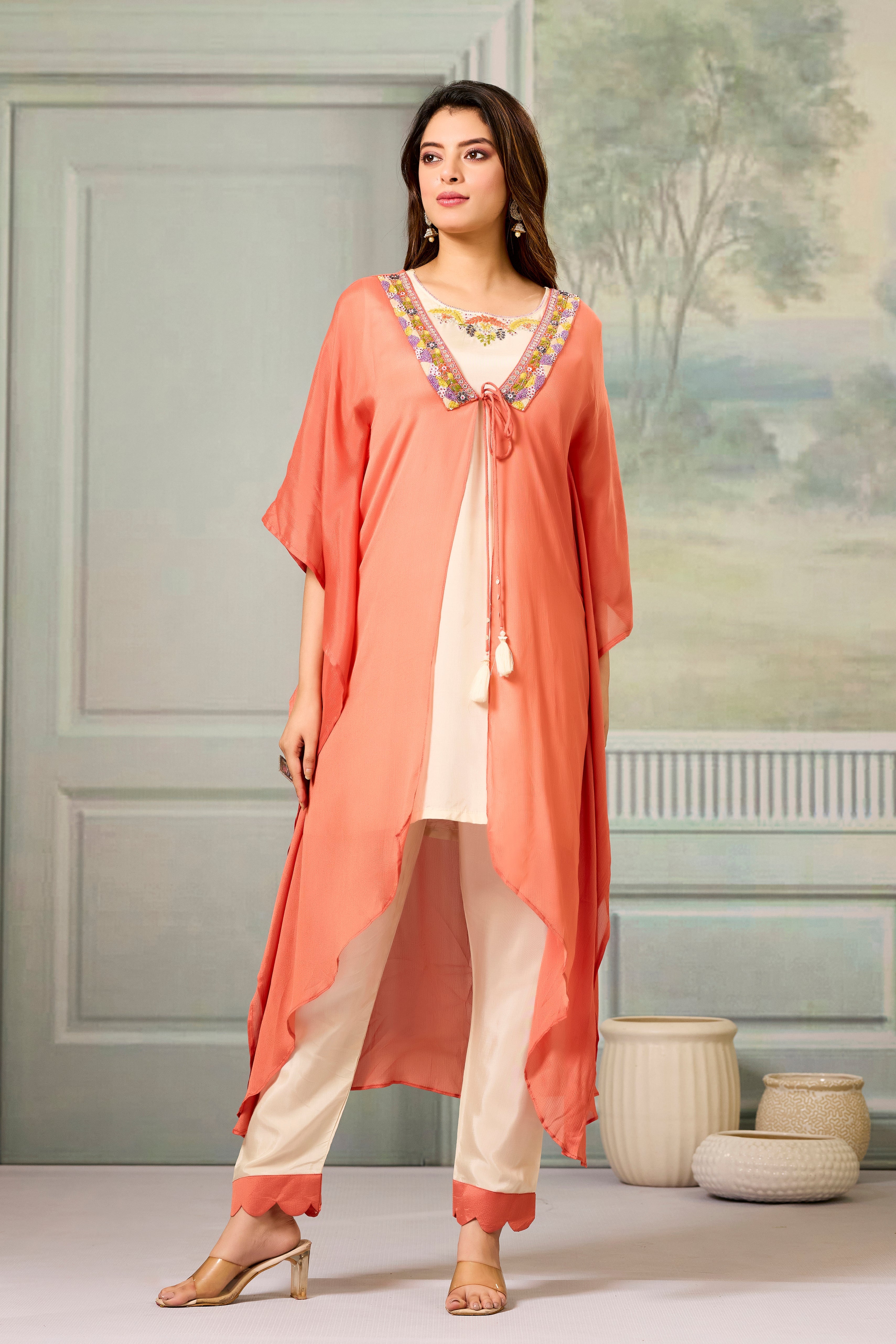 Beige Red Embellished Chinon Silk Cape Set