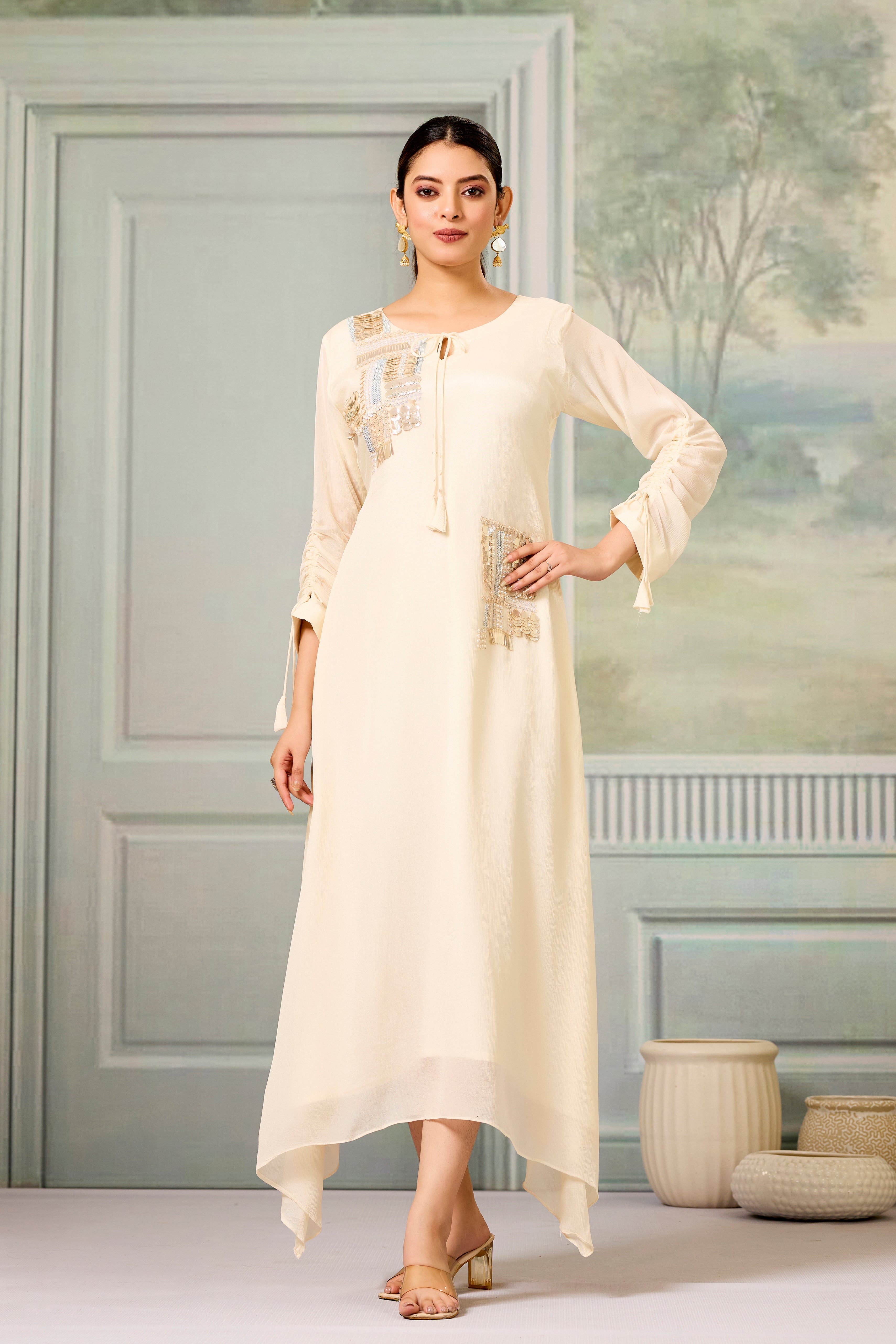 Cream Handwork Chinon Silk Dress