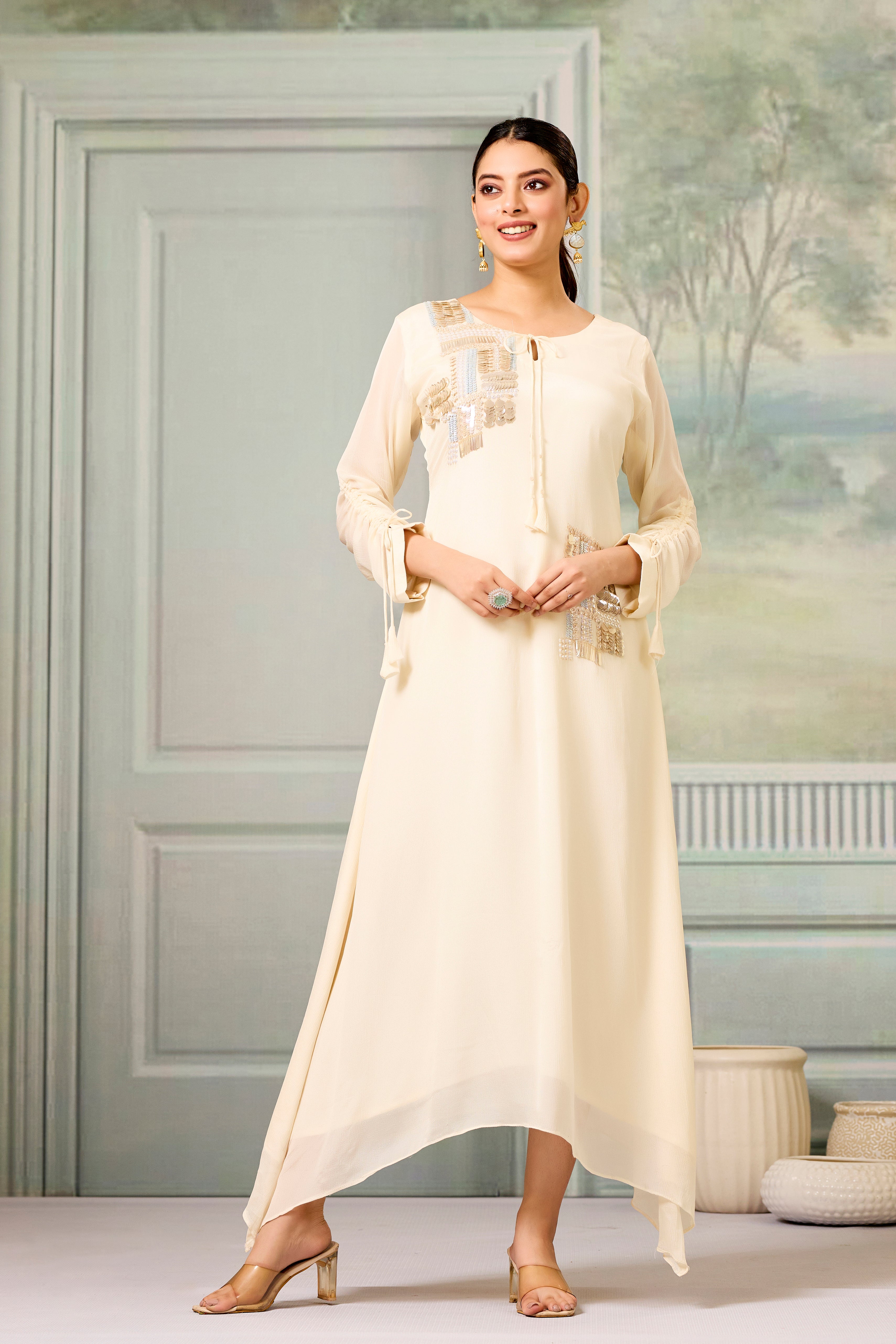 Cream Handwork Chinon Silk Dress