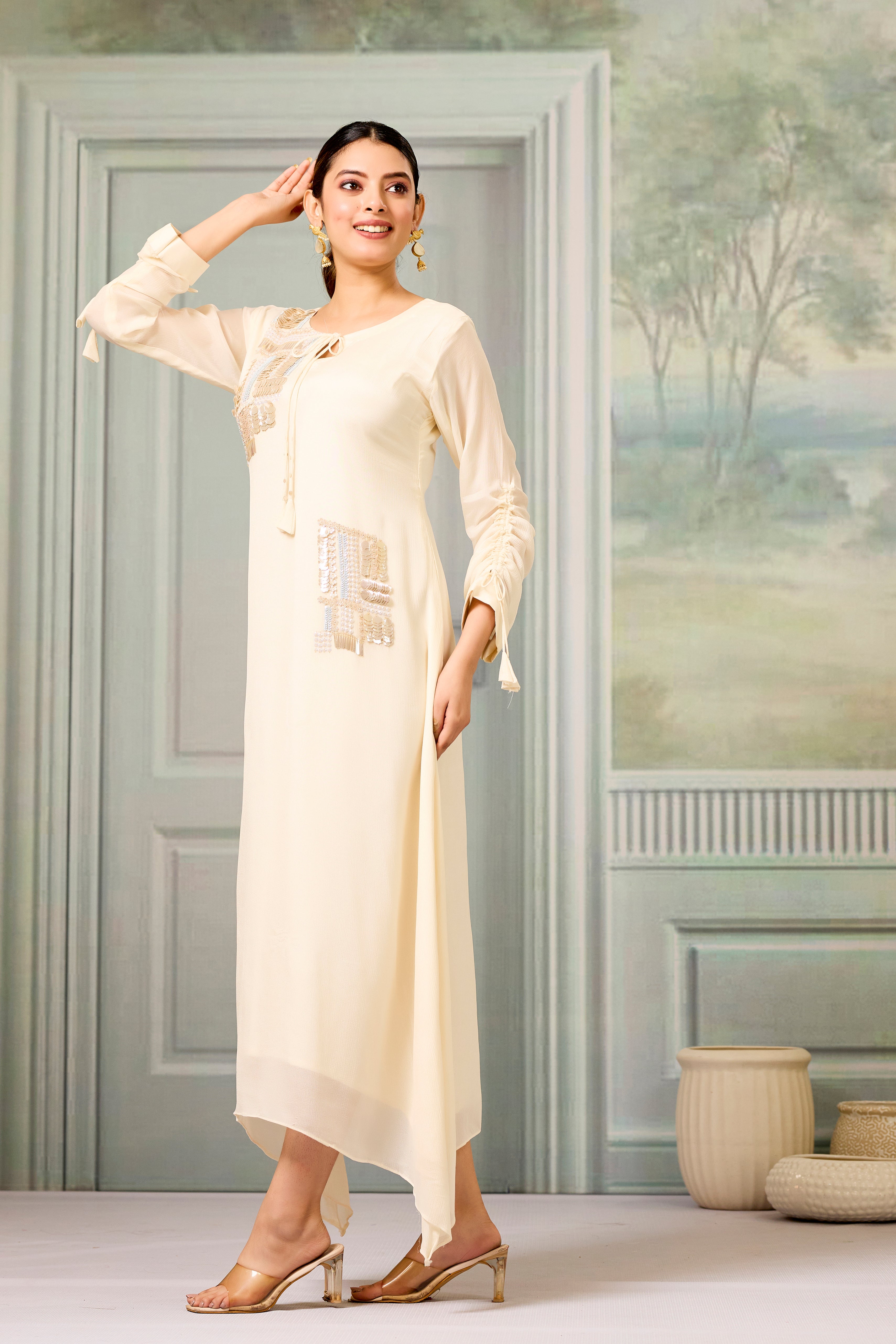 Cream Handwork Chinon Silk Dress