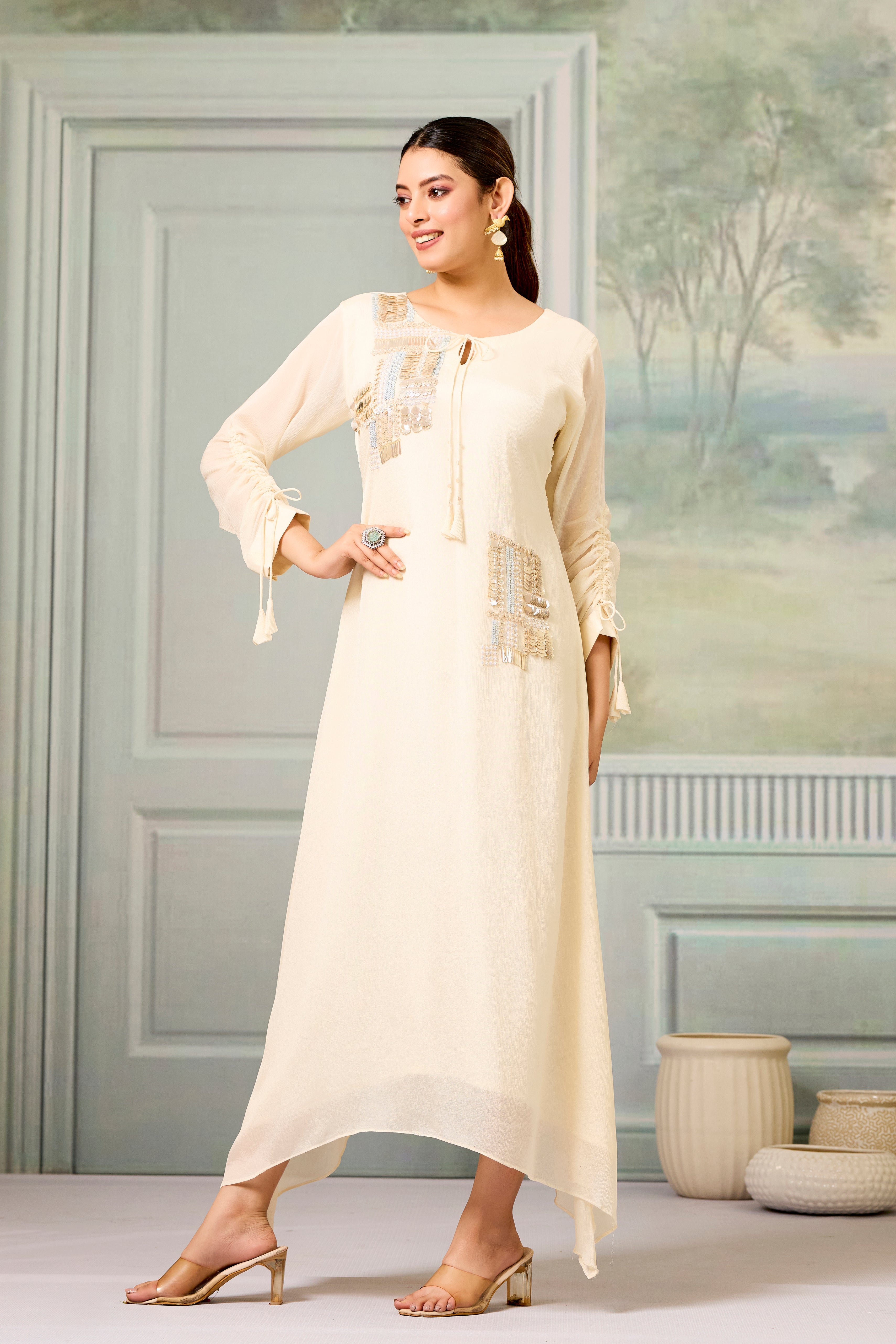 Cream Handwork Chinon Silk Dress