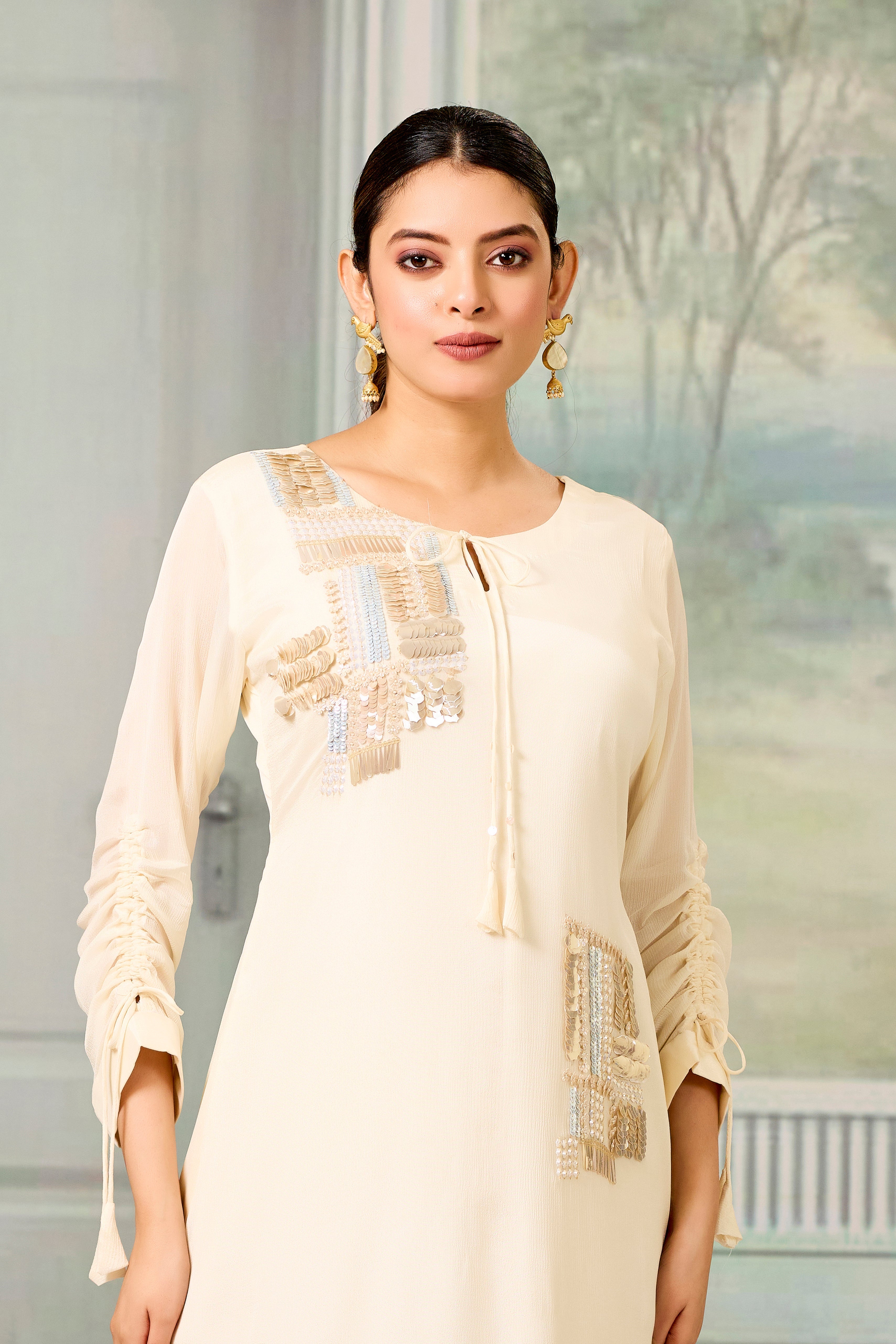 Cream Handwork Chinon Silk Dress