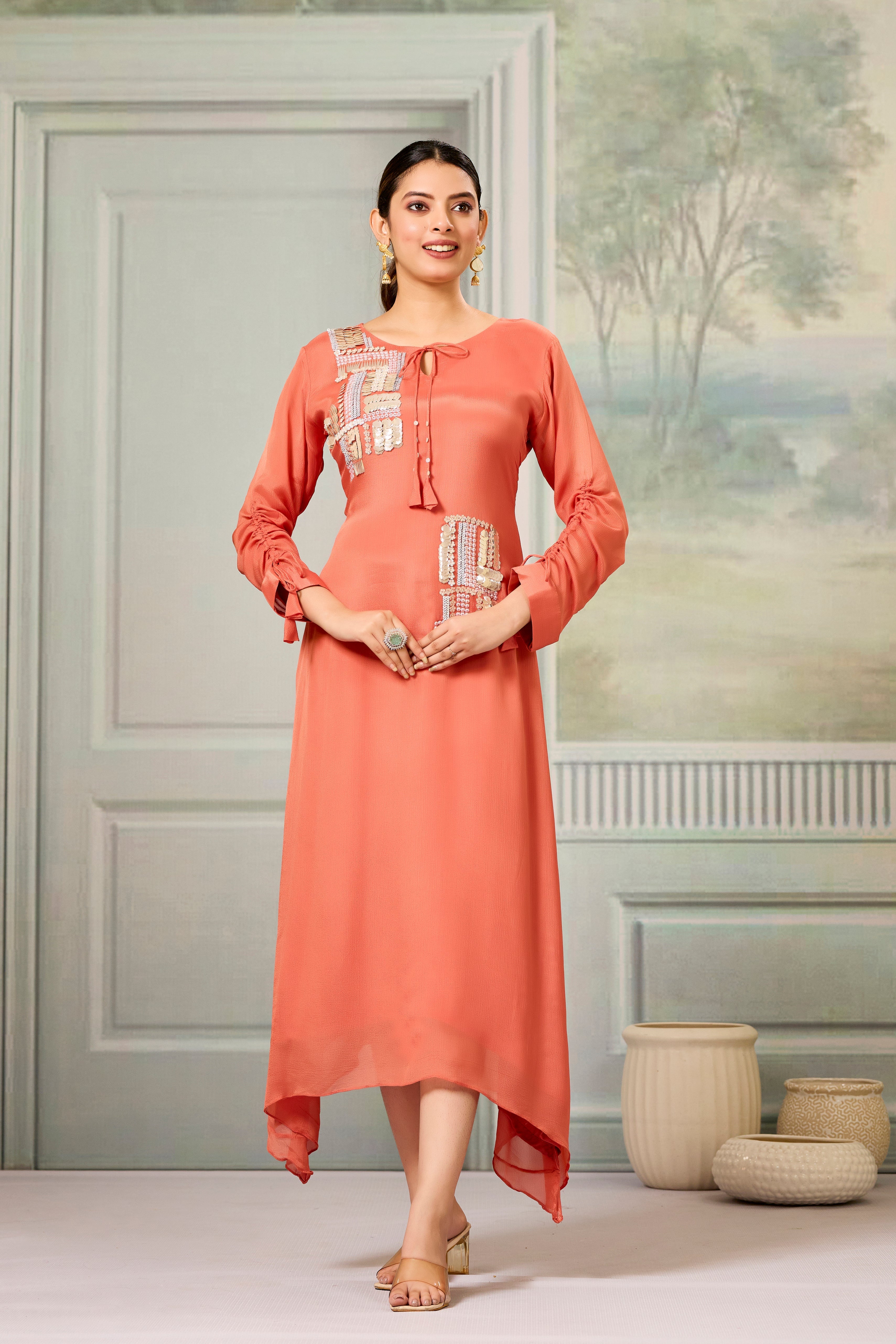 Red Handwork Chinon Silk Dress