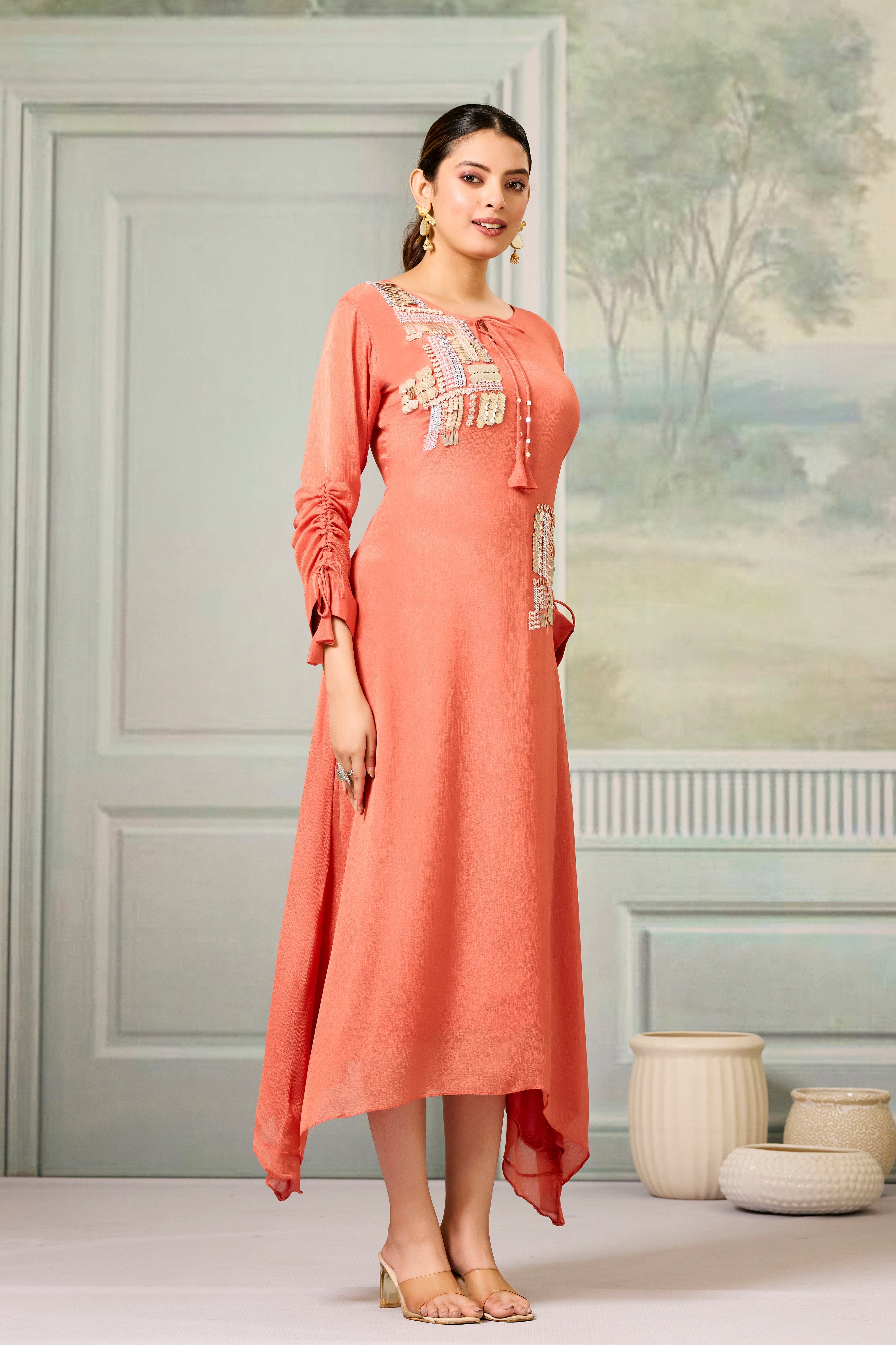 Red Handwork Chinon Silk Dress