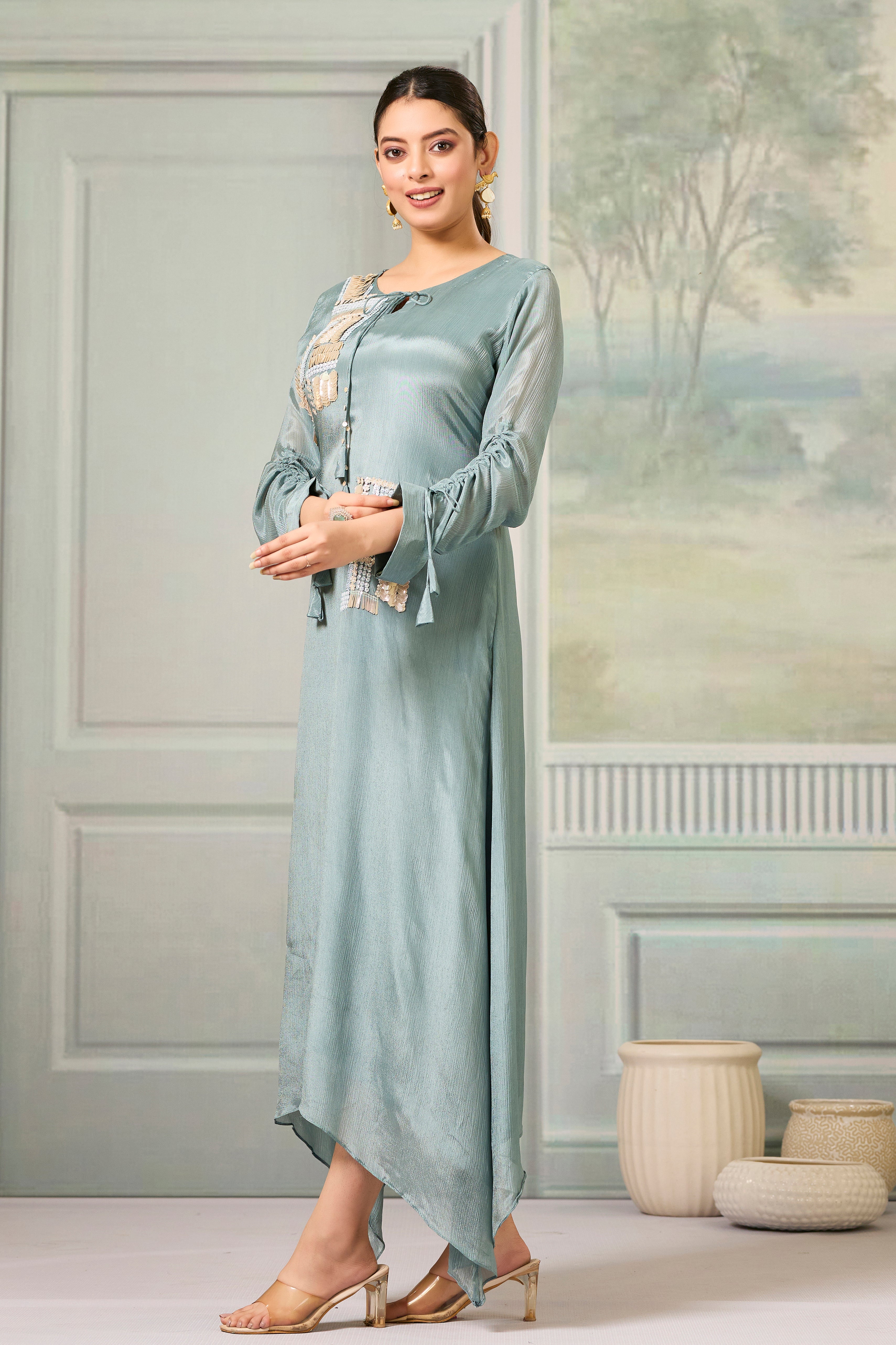 Teal Handwork Chinon Silk Dress