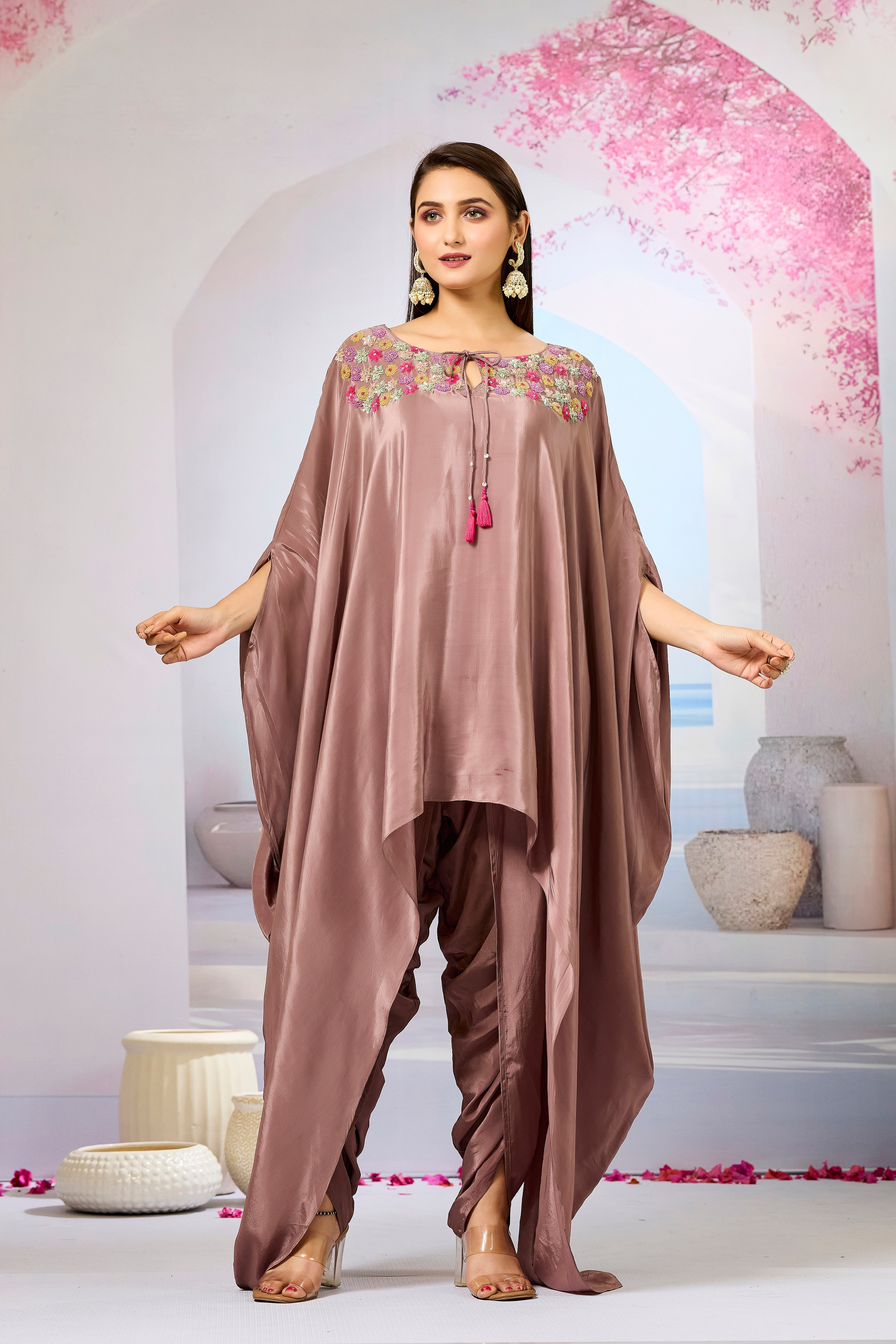 Brown Handwork Crepe Silk Kaftan Dhoti Set