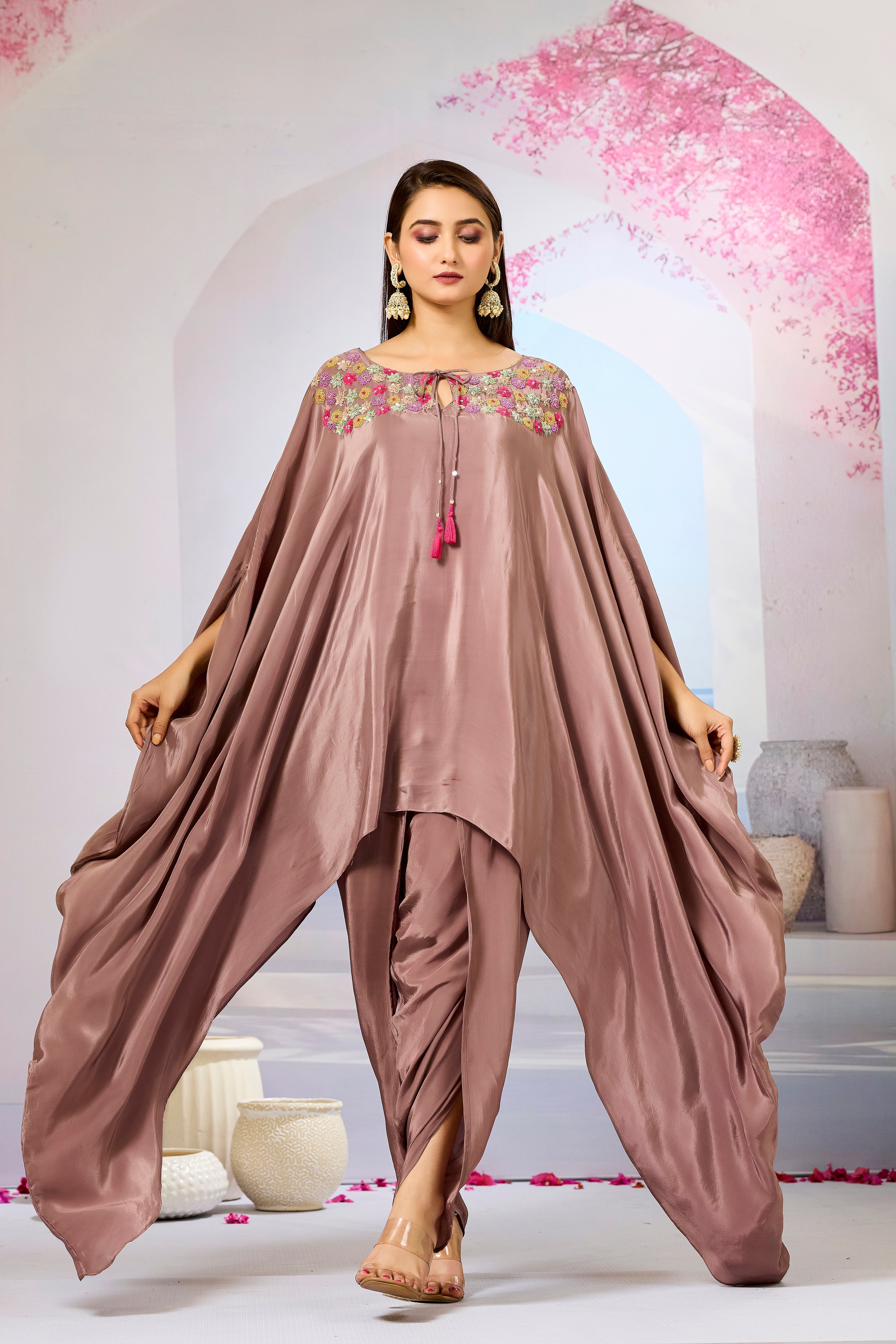 Brown Handwork Crepe Silk Kaftan Dhoti Set