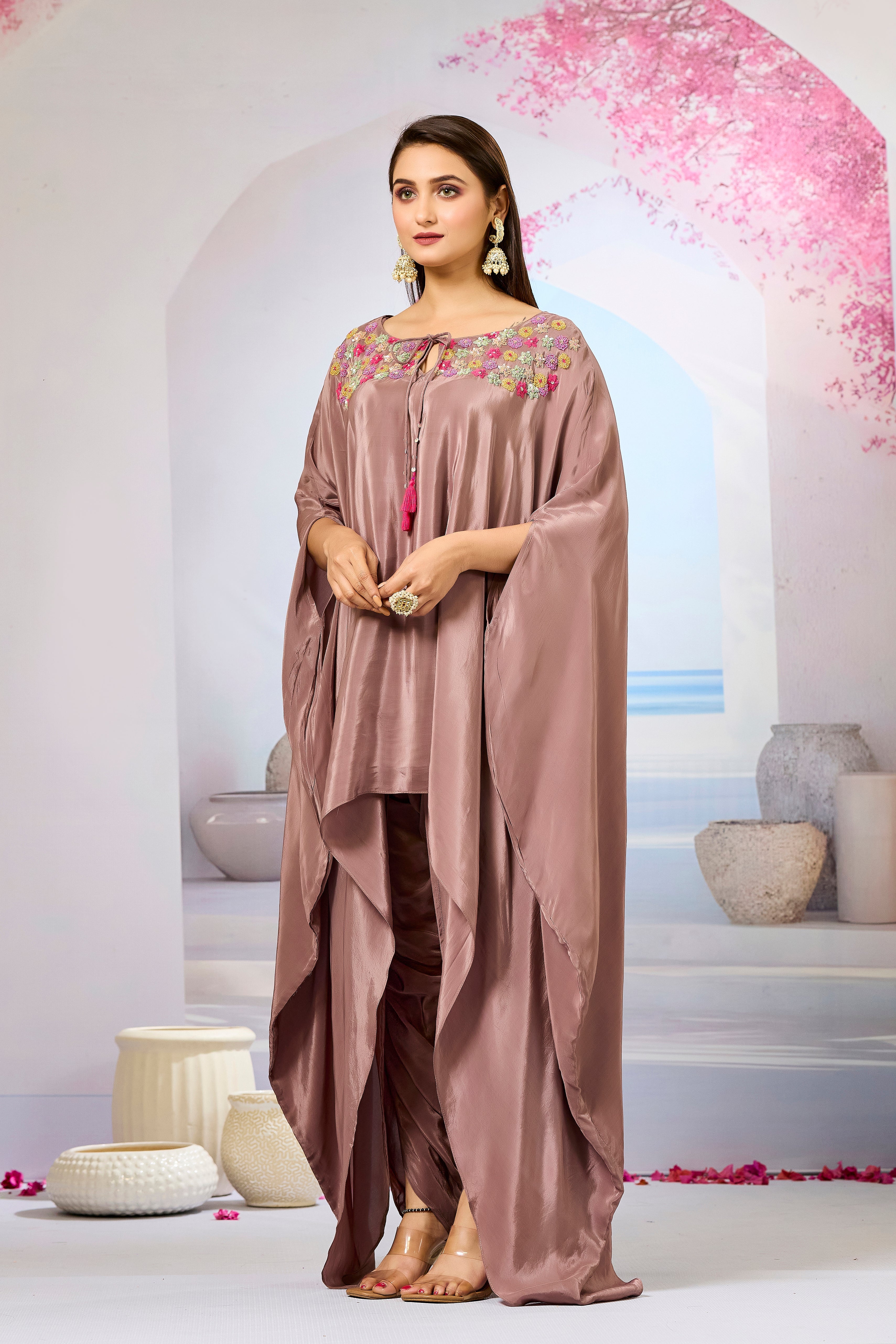 Brown Handwork Crepe Silk Kaftan Dhoti Set