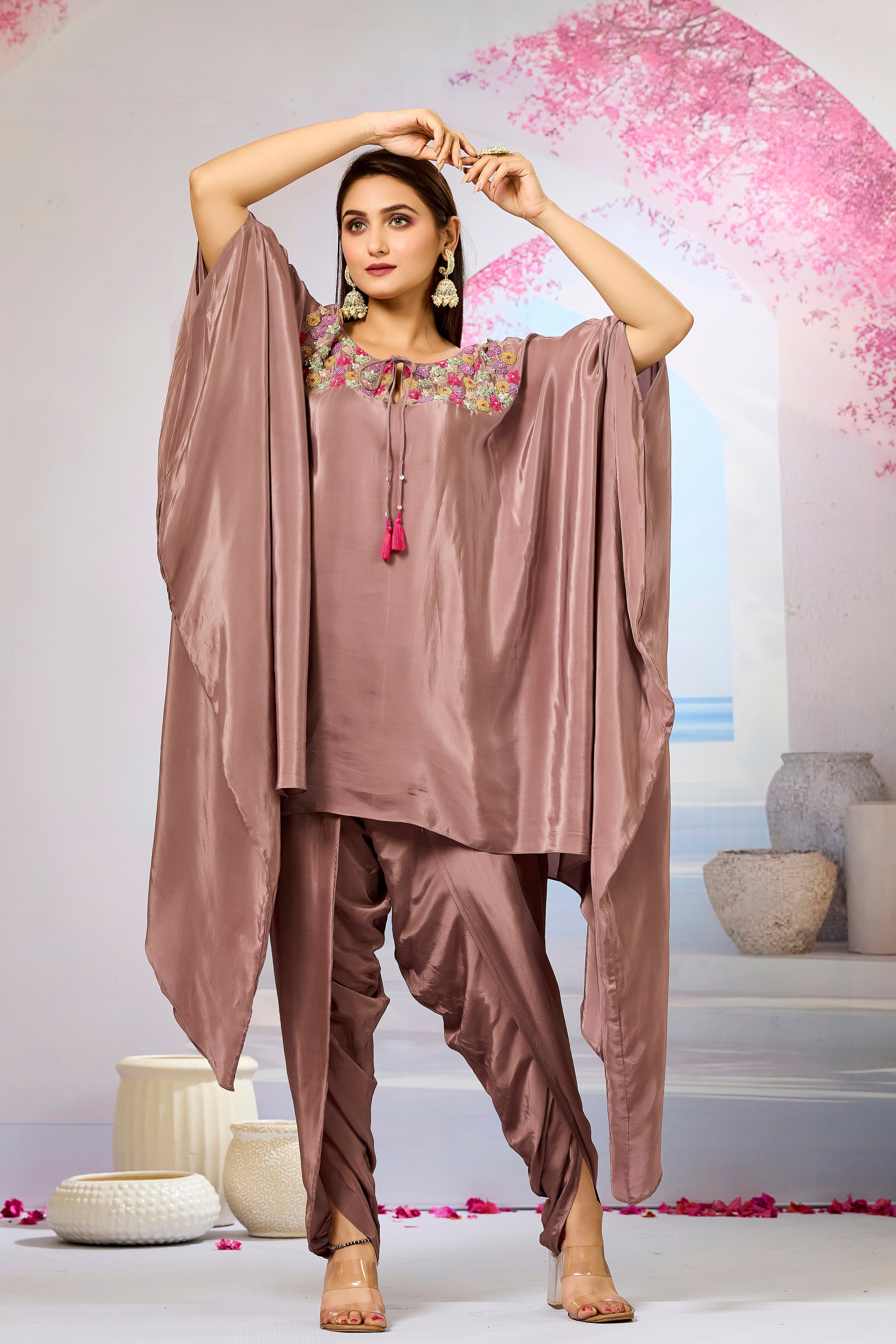 Brown Handwork Crepe Silk Kaftan Dhoti Set