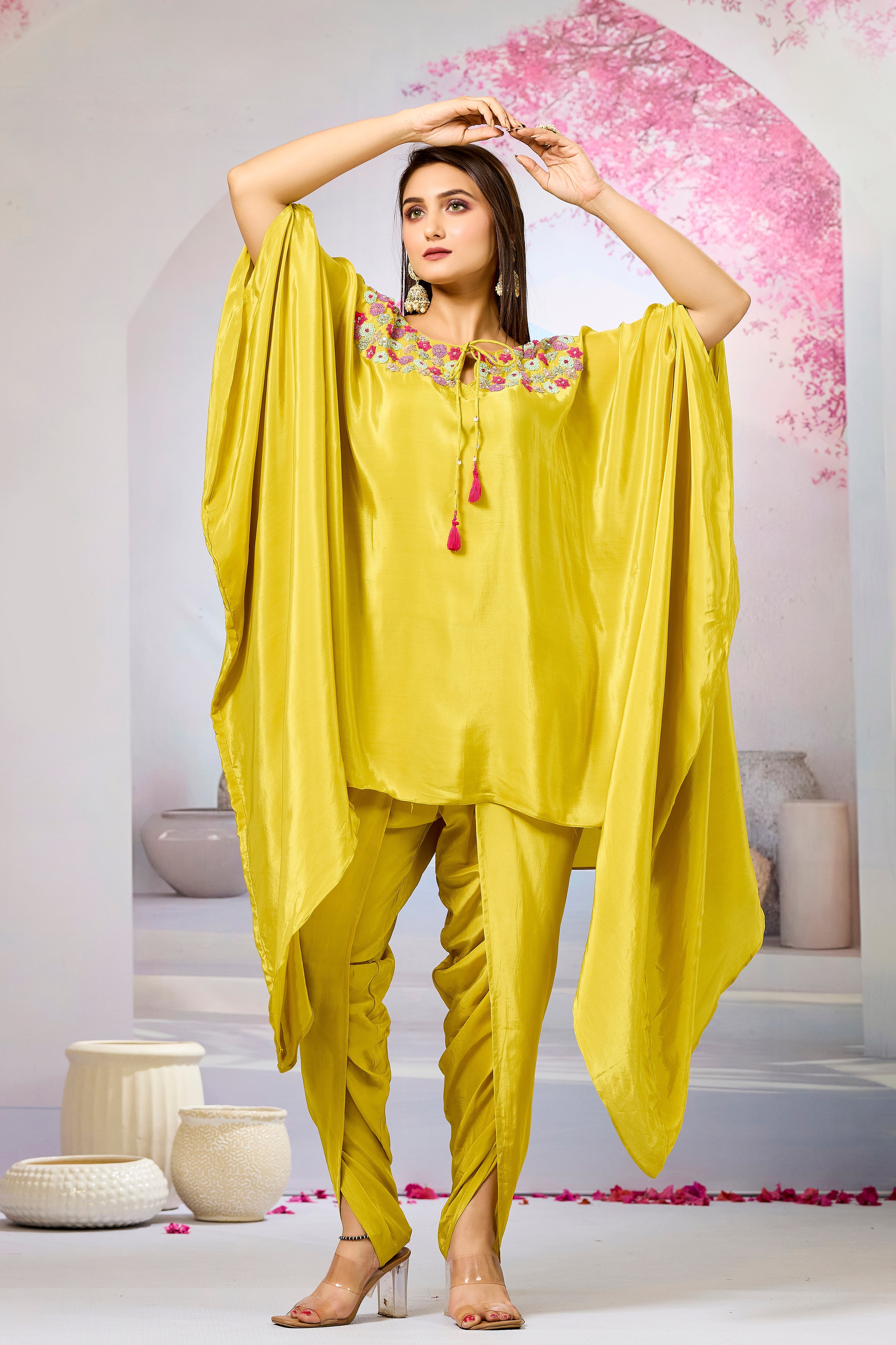 Yellow Handwork Crepe Silk Kaftan Dhoti Set