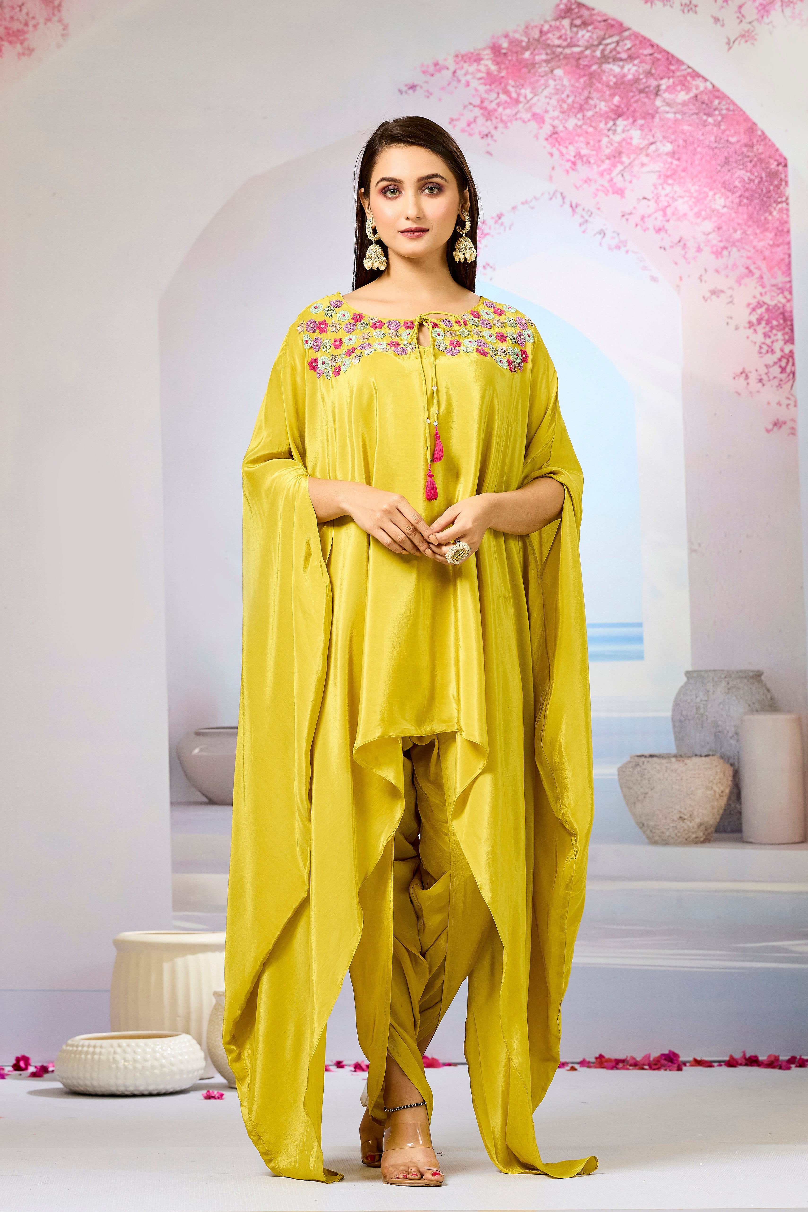 Yellow Handwork Crepe Silk Kaftan Dhoti Set