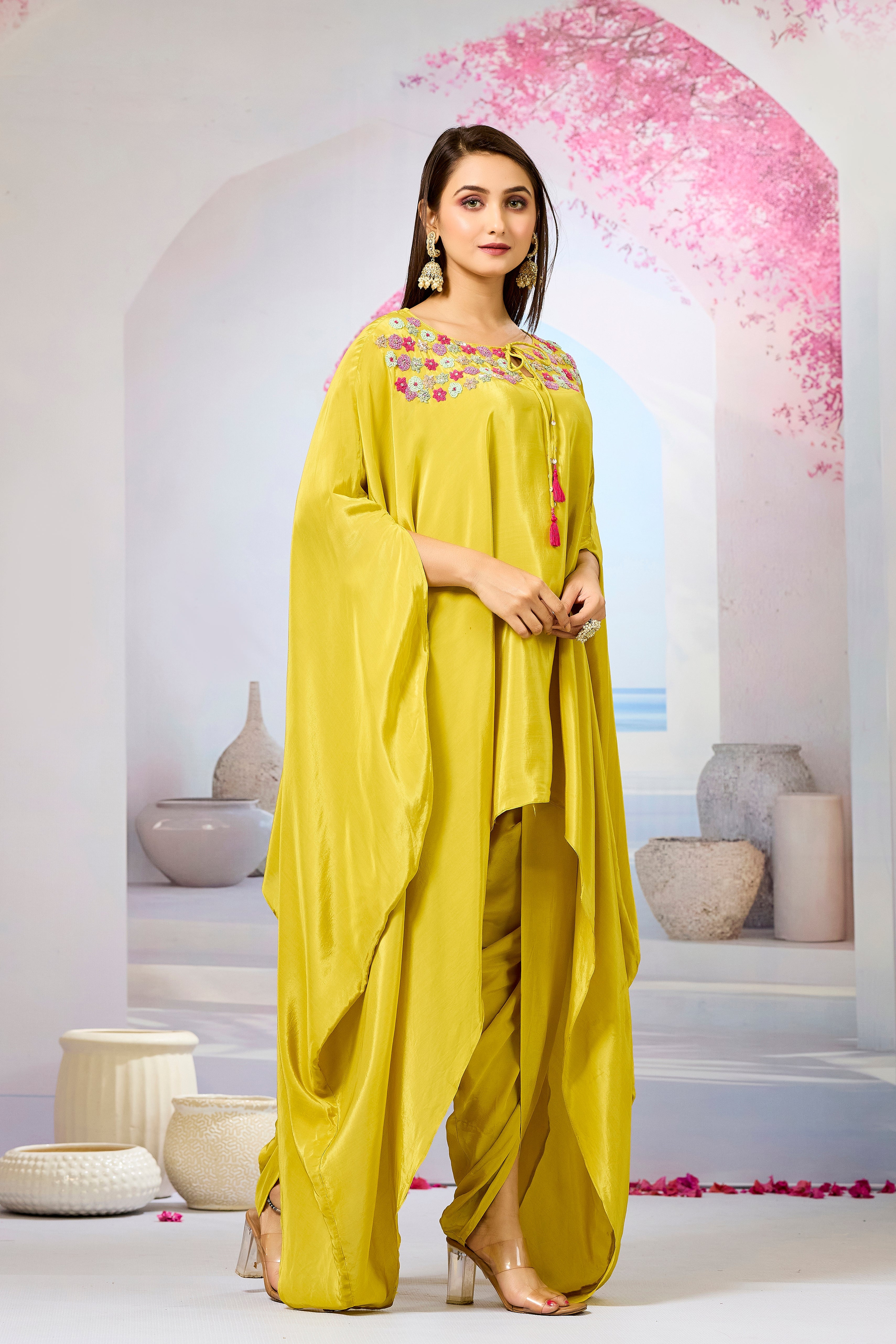 Yellow Handwork Crepe Silk Kaftan Dhoti Set