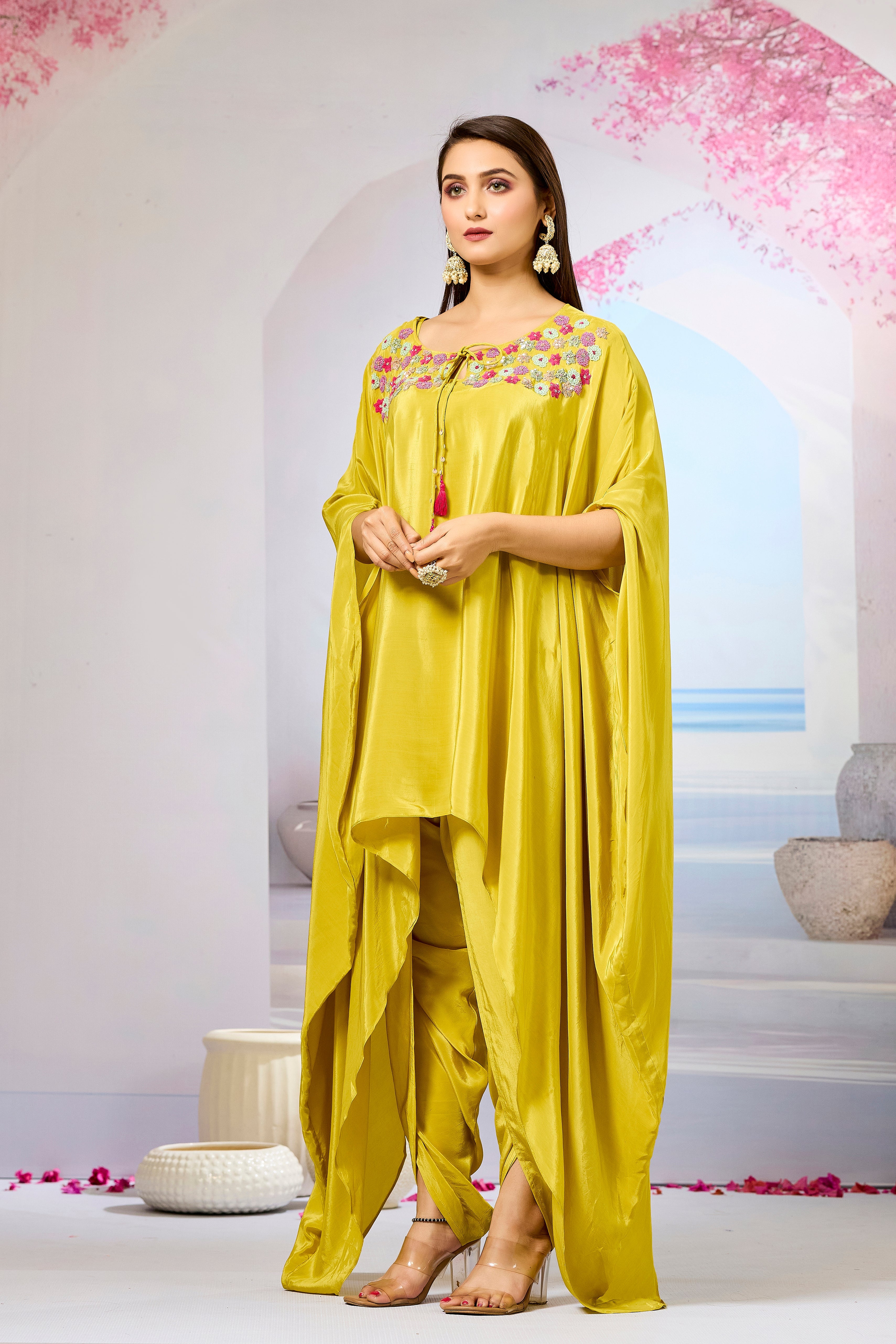 Yellow Handwork Crepe Silk Kaftan Dhoti Set