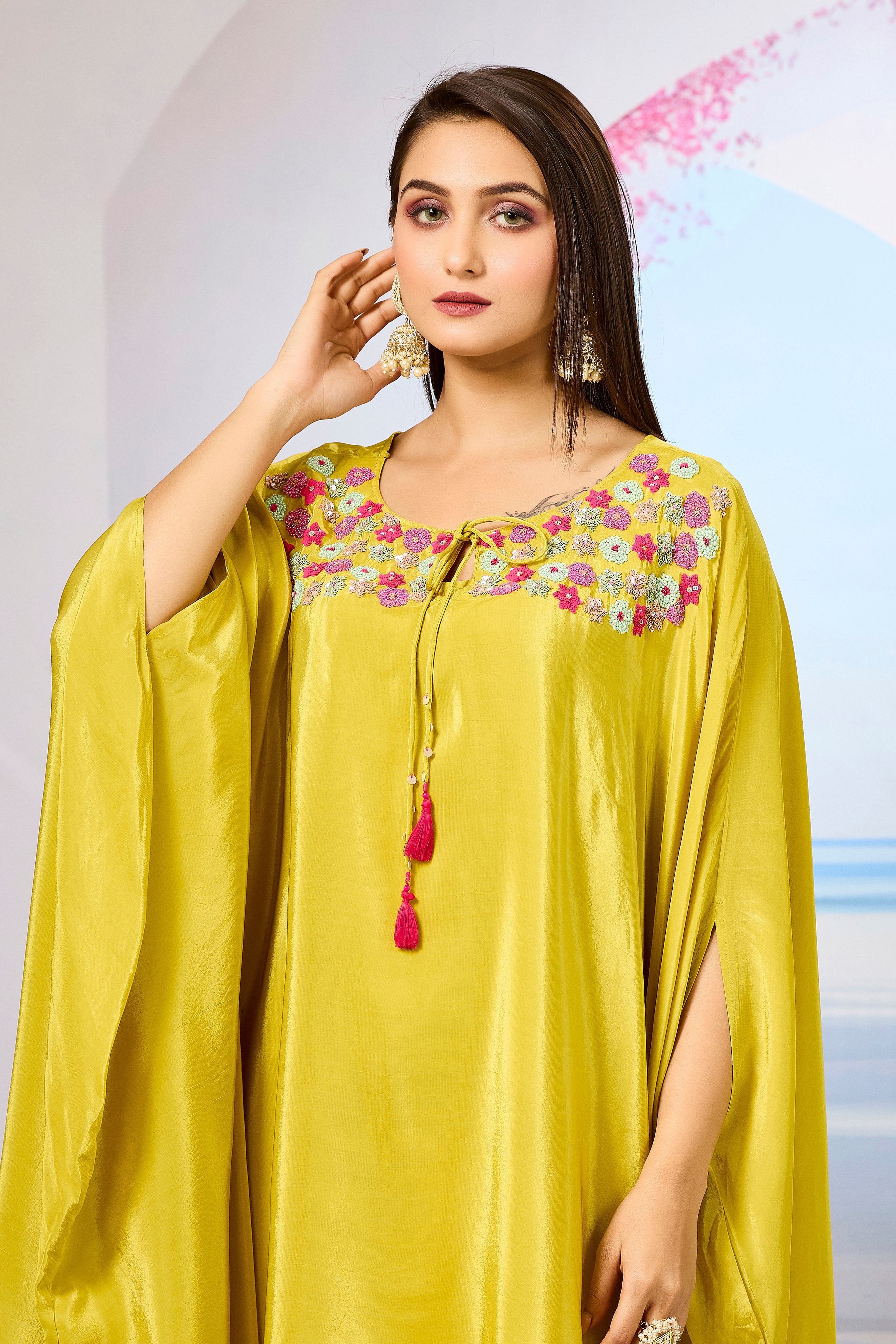 Yellow Handwork Crepe Silk Kaftan Dhoti Set