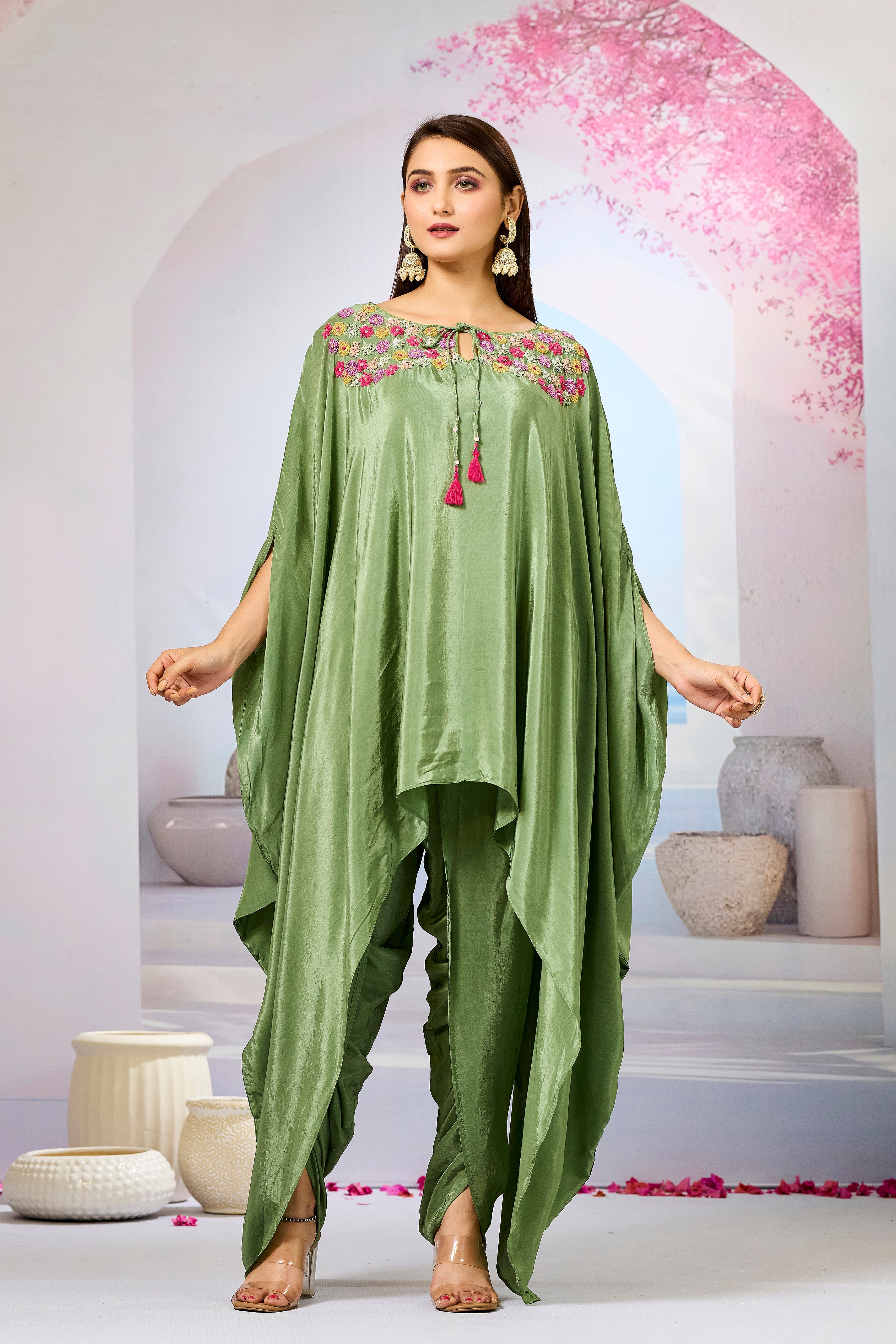 Green Handwork Crepe Silk Kaftan Dhoti Set