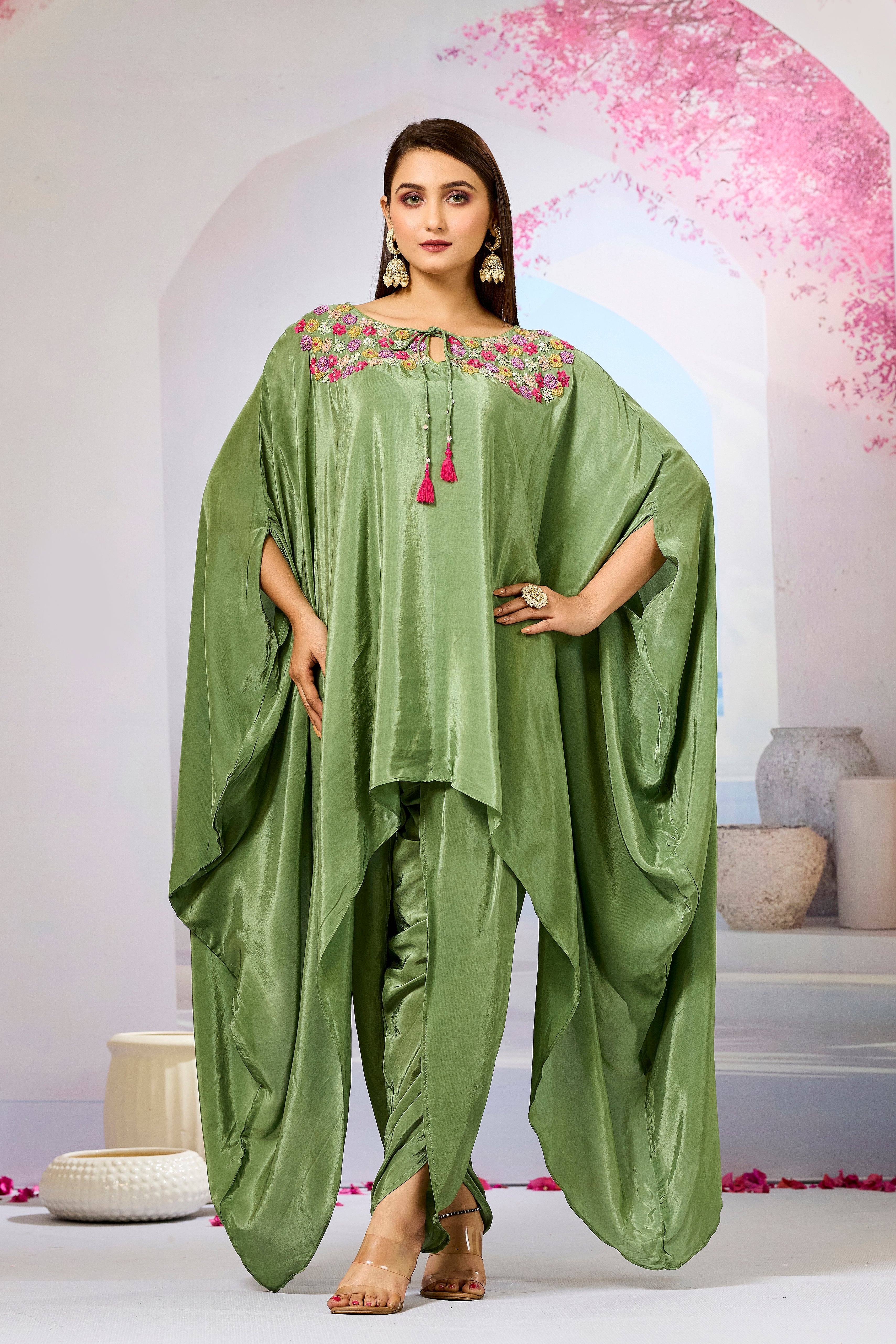 Green Handwork Crepe Silk Kaftan Dhoti Set