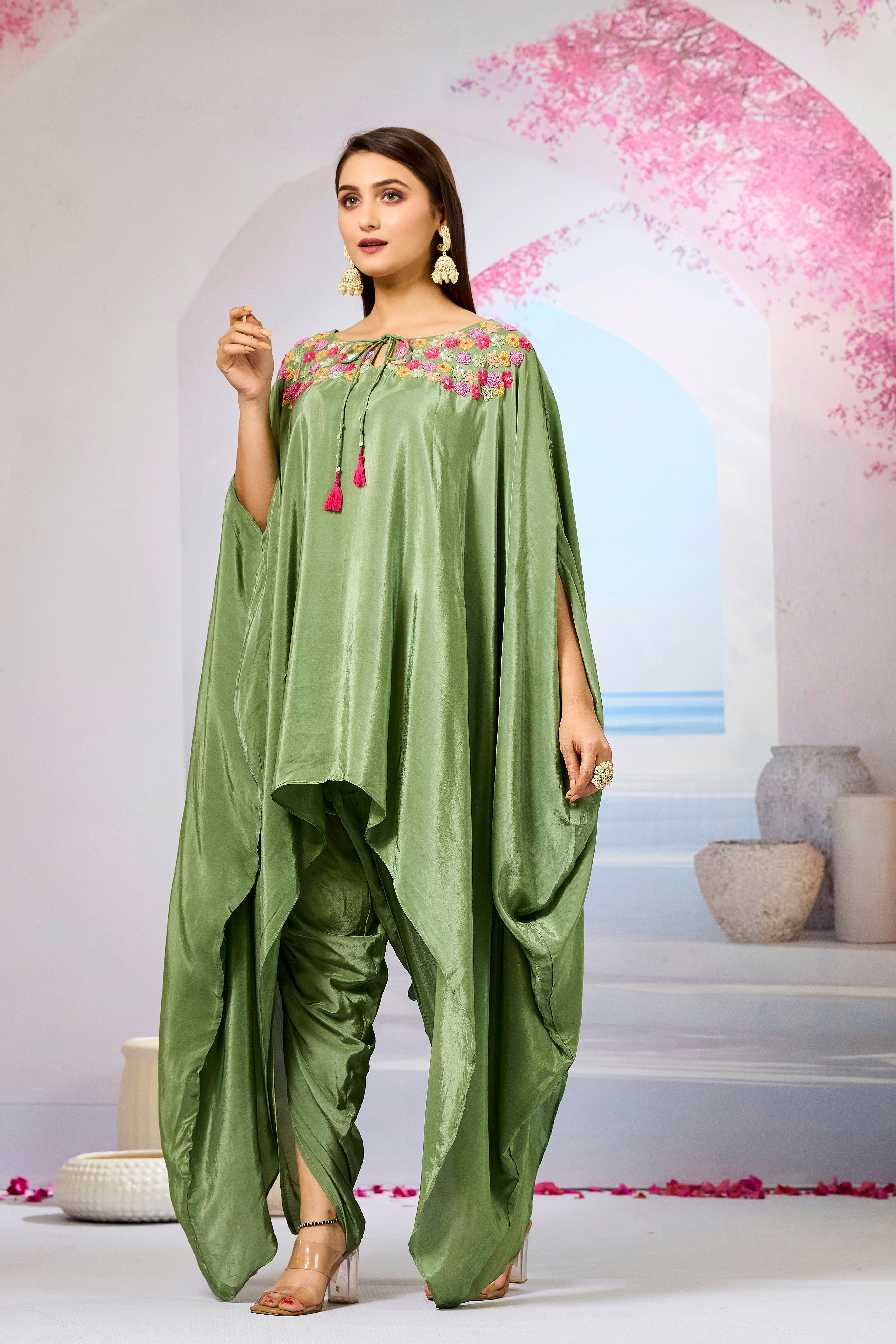 Green Handwork Crepe Silk Kaftan Dhoti Set