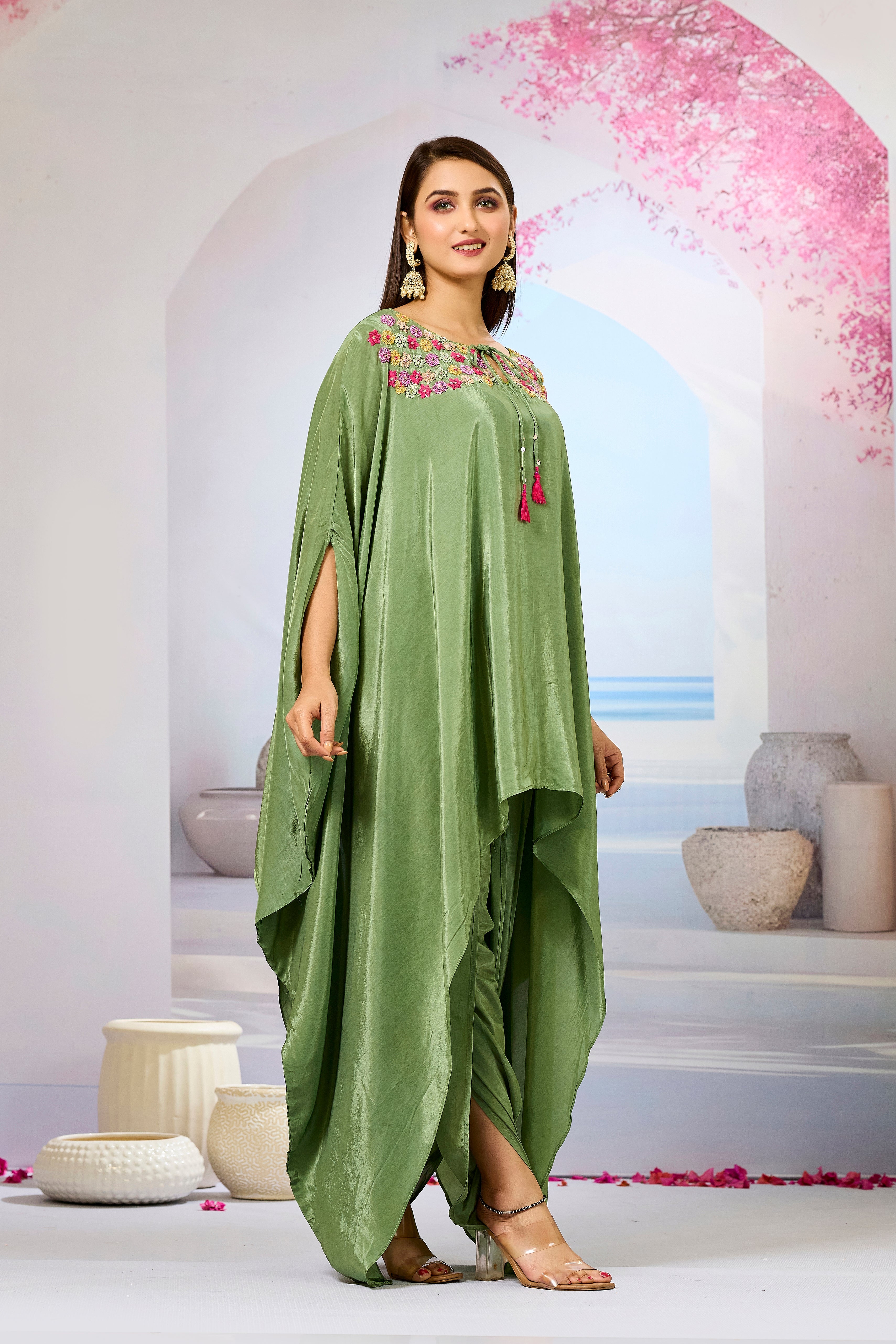 Green Handwork Crepe Silk Kaftan Dhoti Set