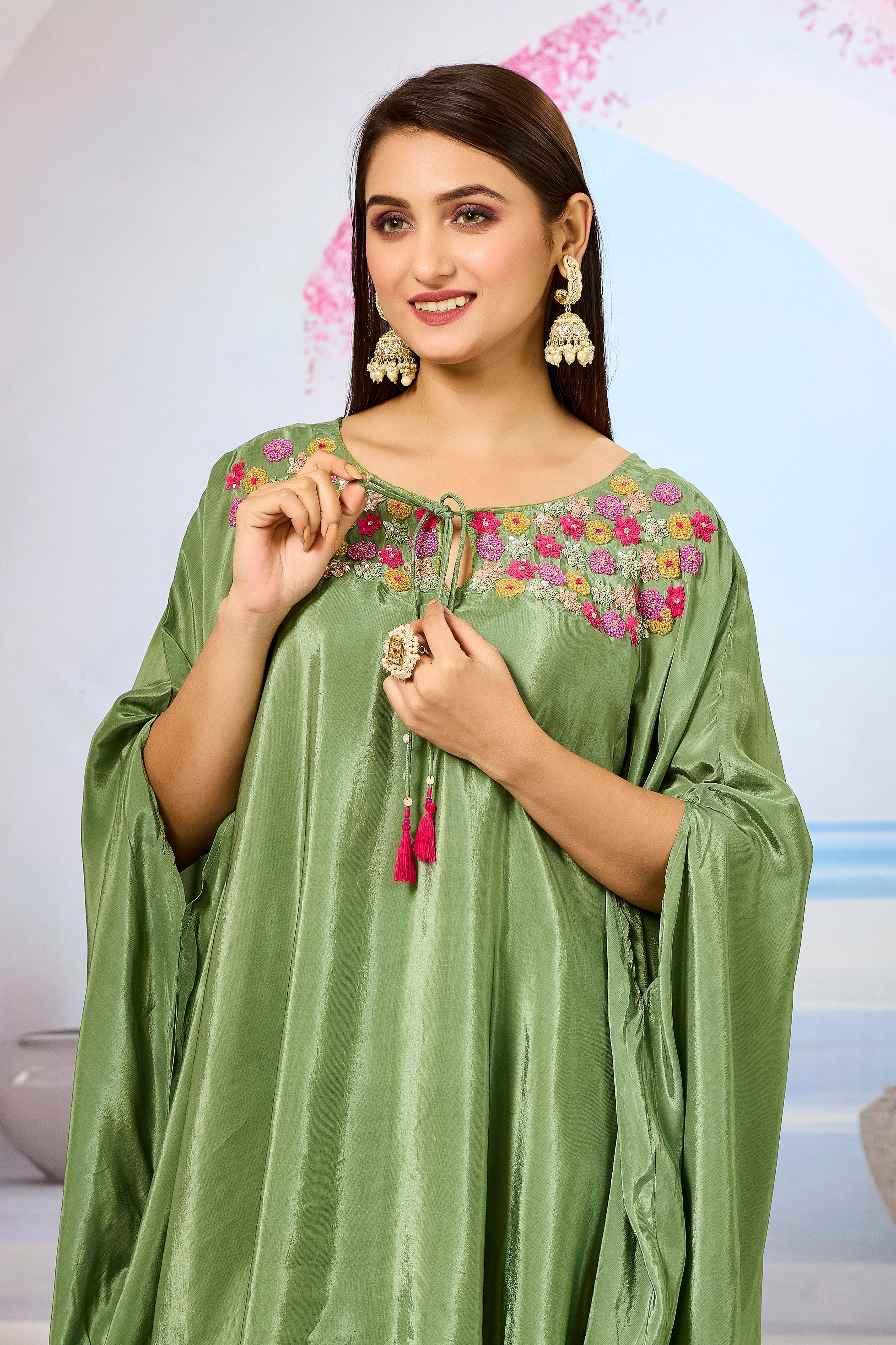 Green Handwork Crepe Silk Kaftan Dhoti Set