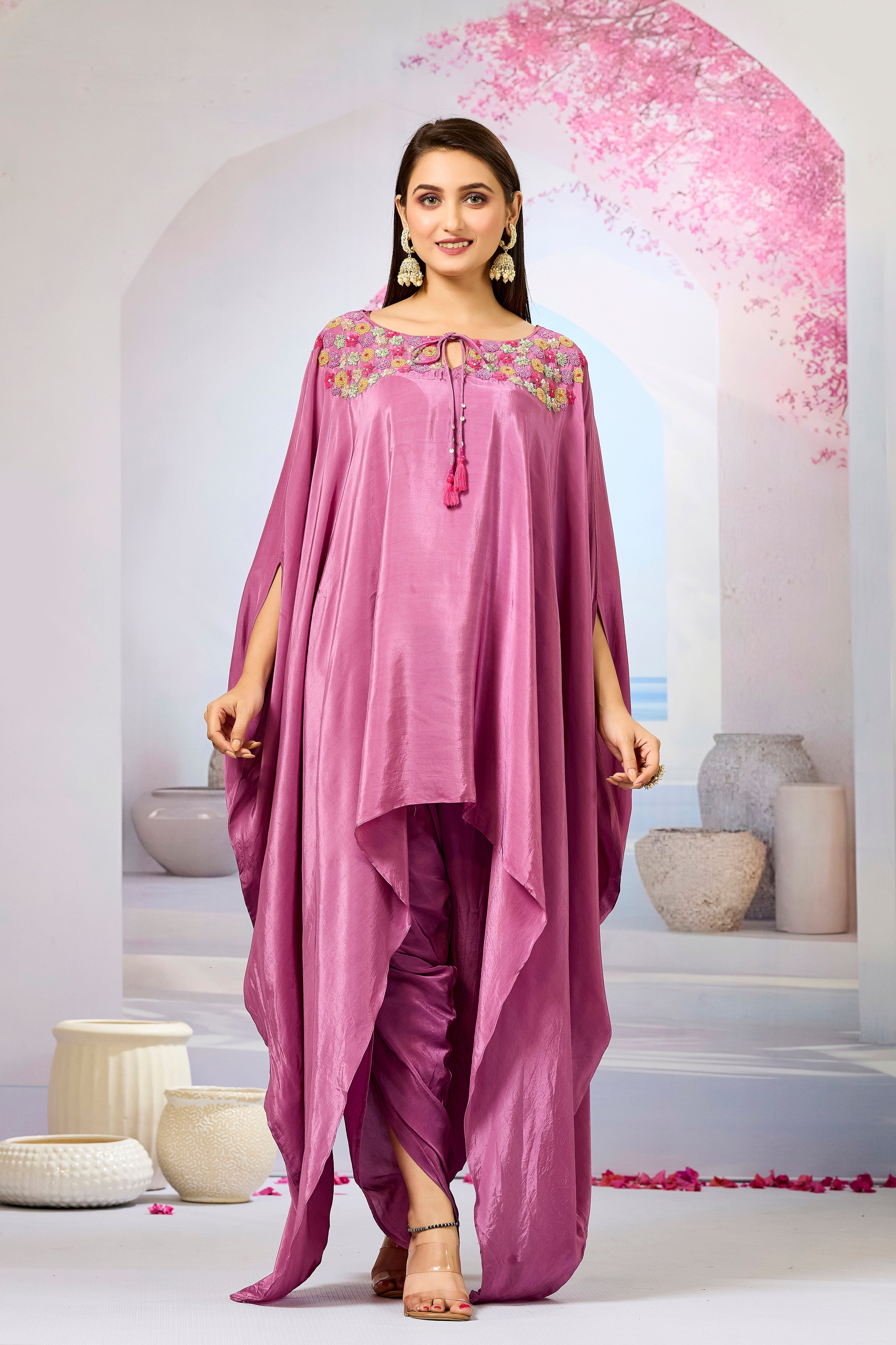 Pink Handwork Crepe Silk Kaftan Dhoti Set