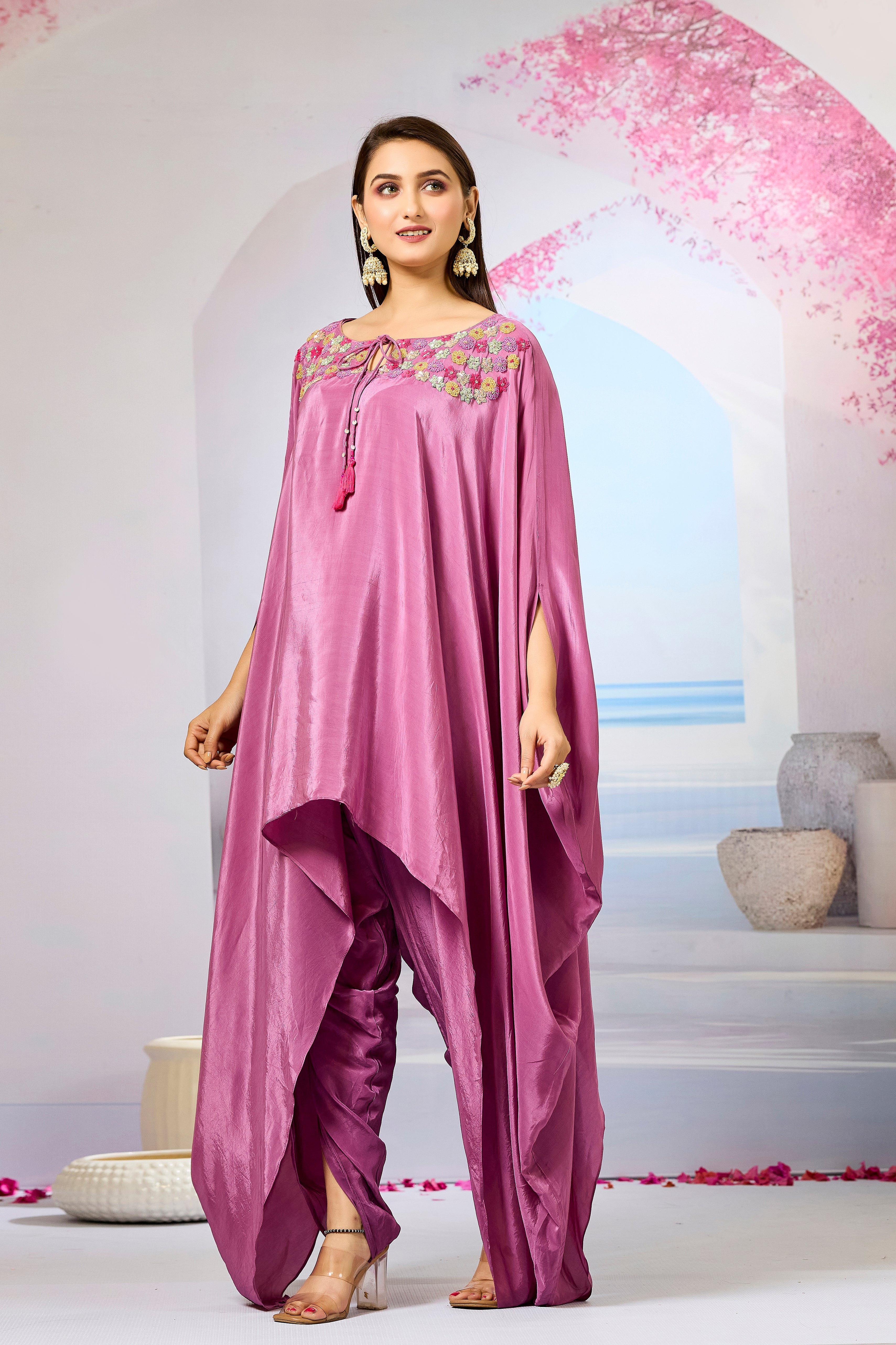 Pink Handwork Crepe Silk Kaftan Dhoti Set