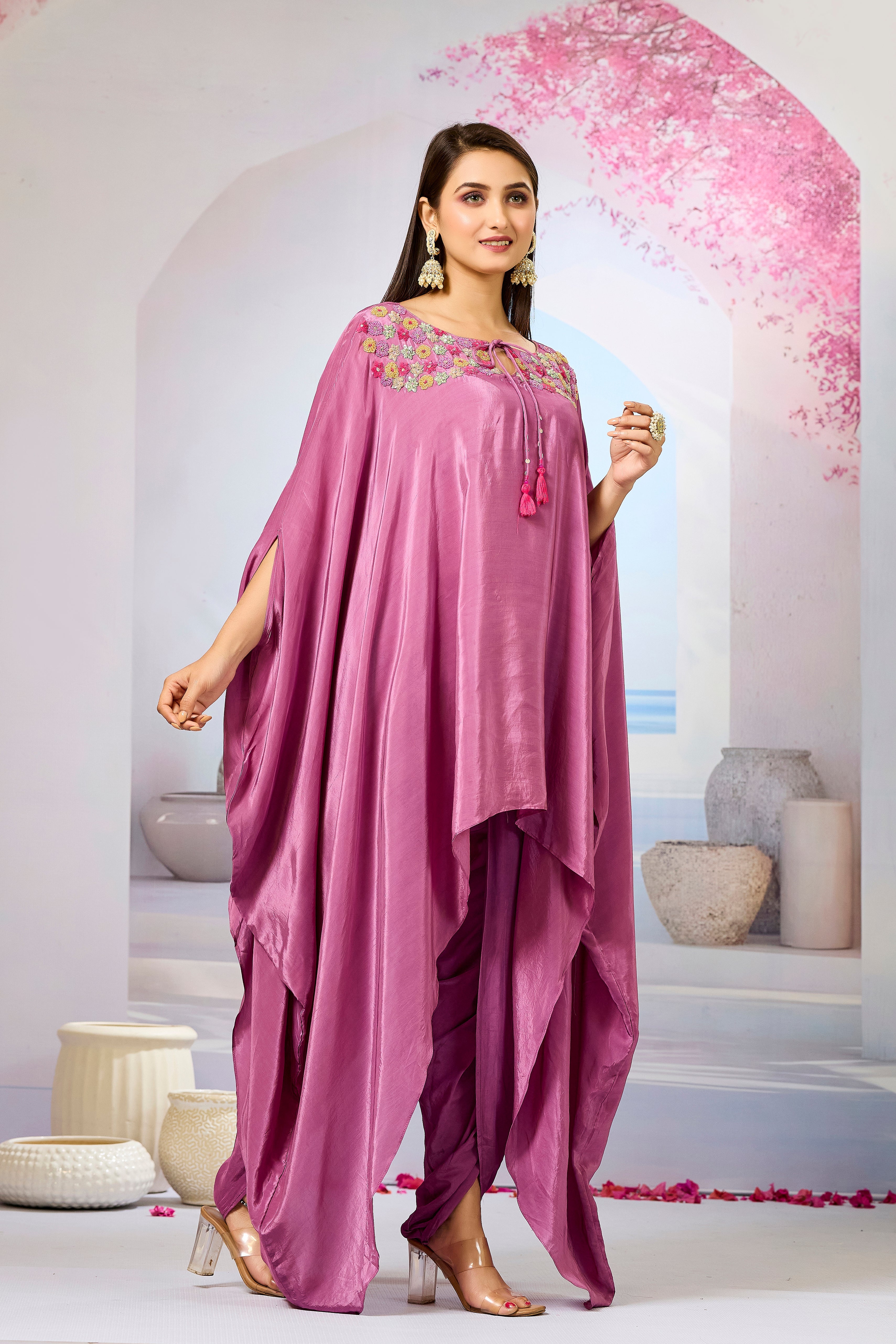Pink Handwork Crepe Silk Kaftan Dhoti Set