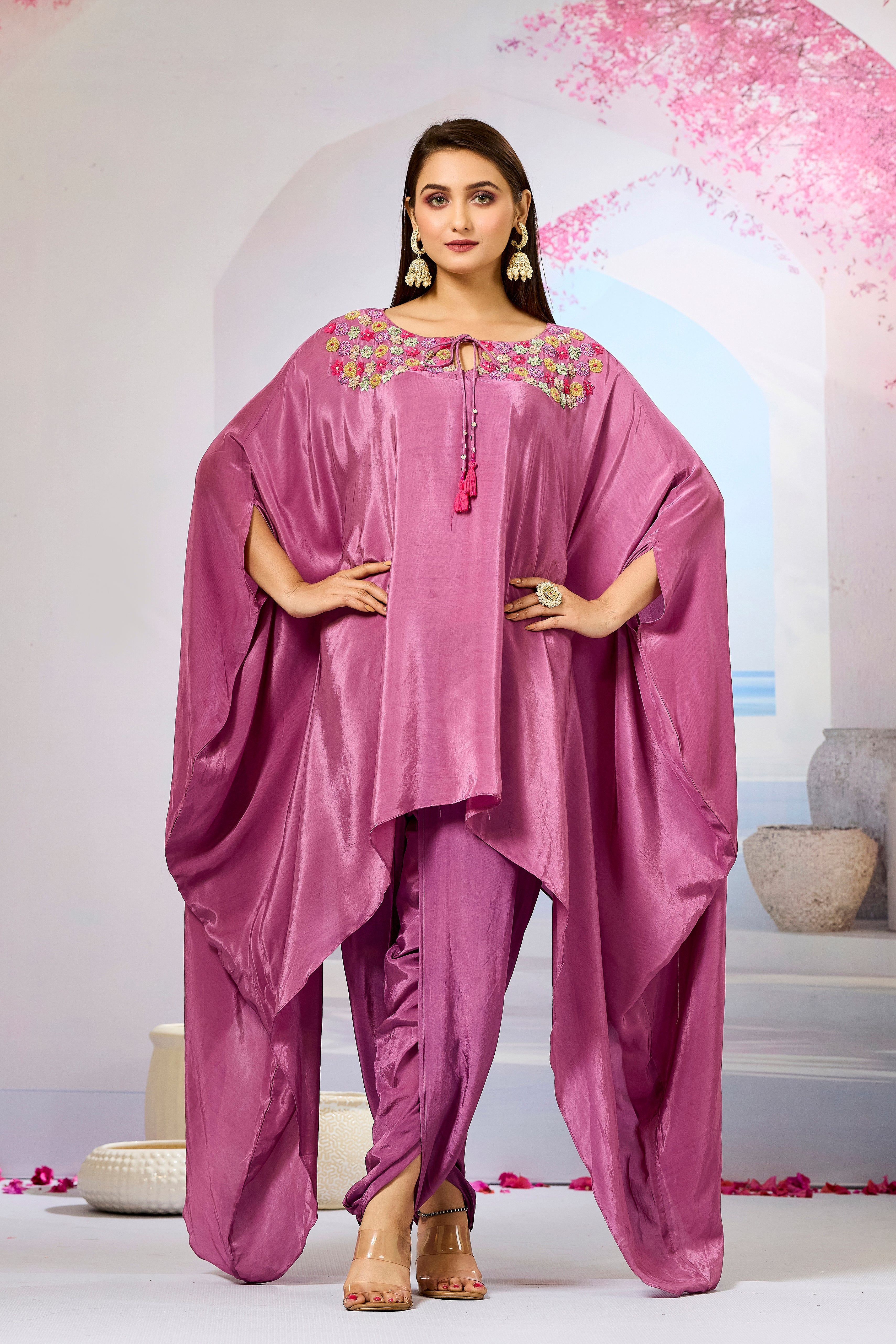 Pink Handwork Crepe Silk Kaftan Dhoti Set