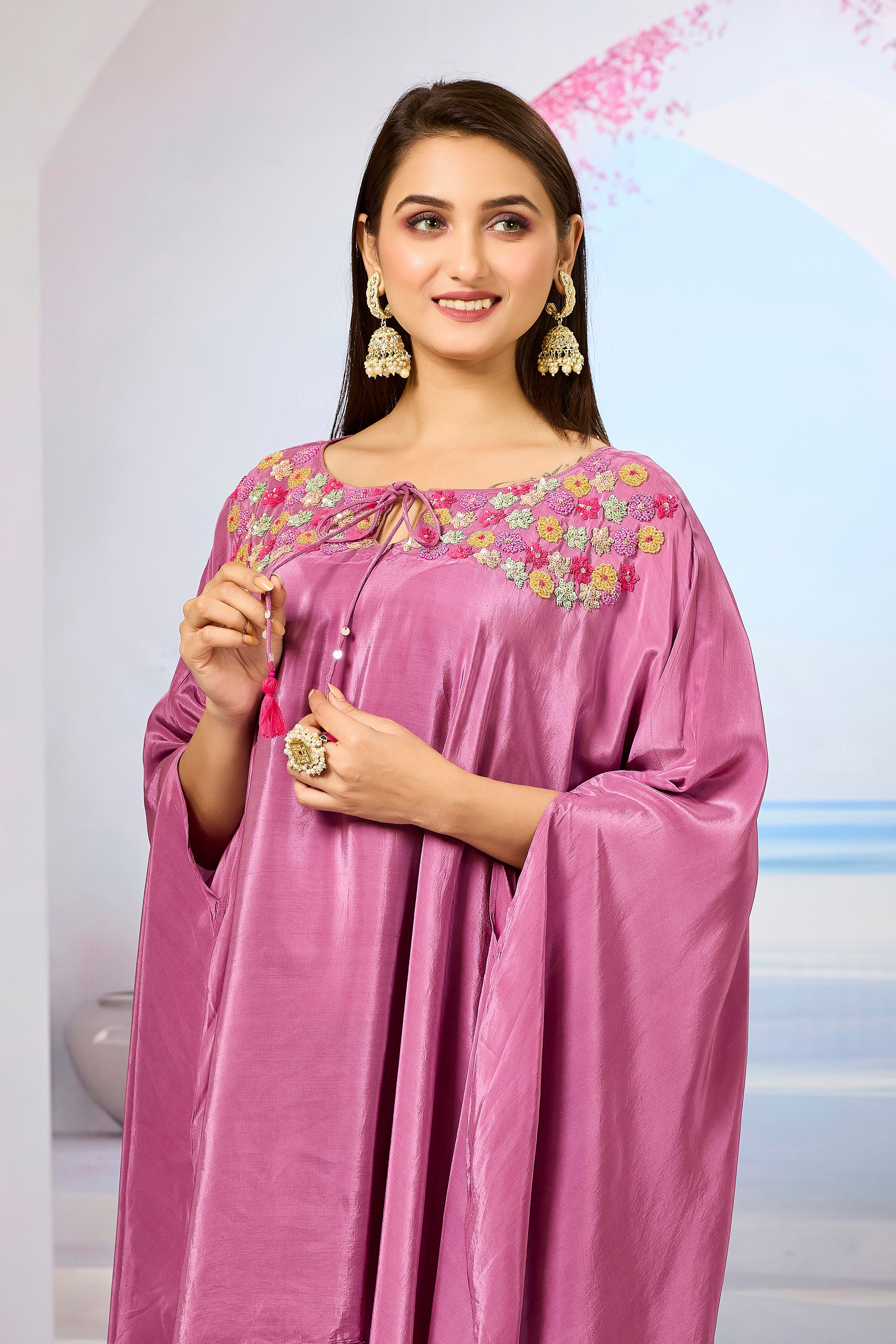 Pink Handwork Crepe Silk Kaftan Dhoti Set