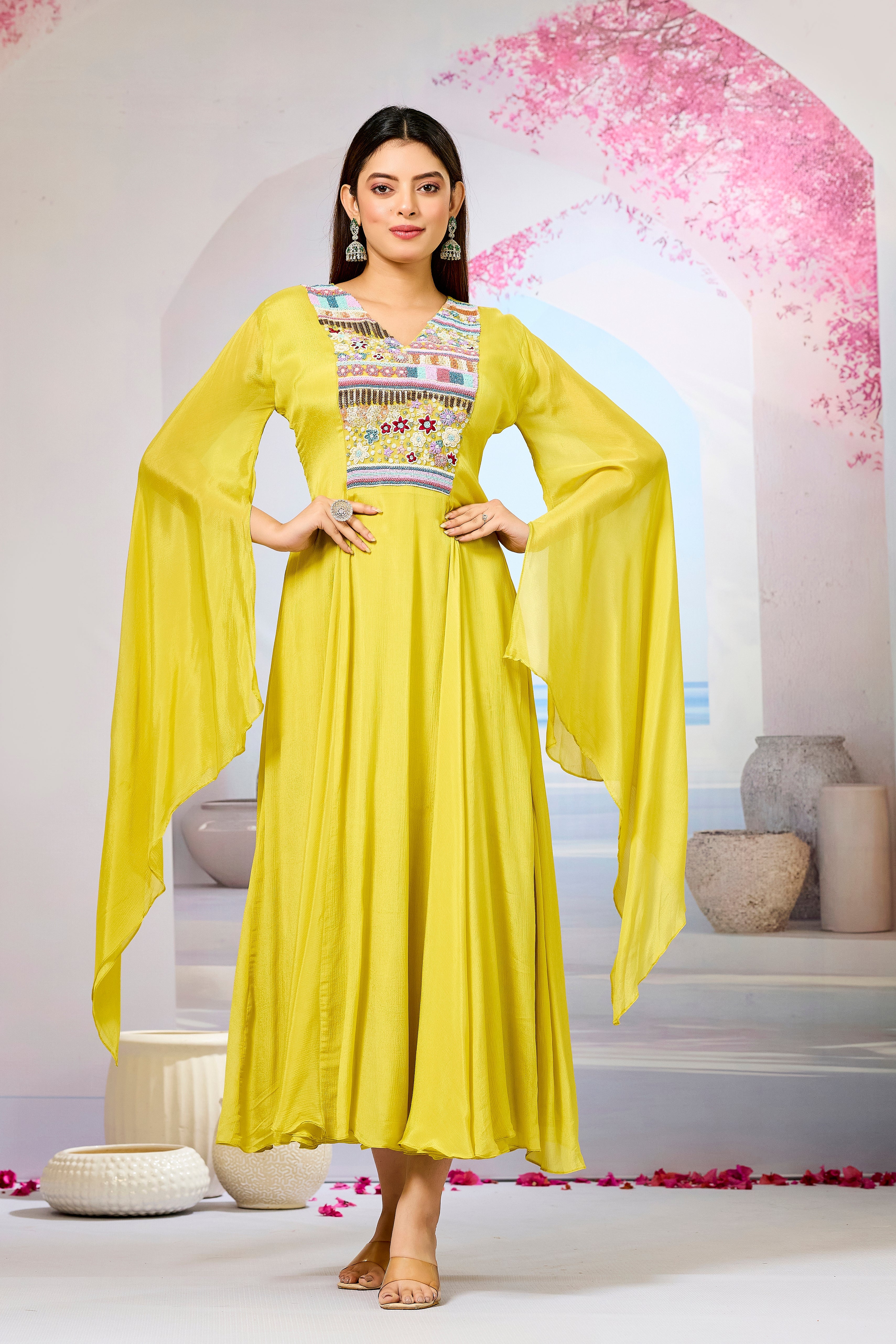 Yellow Handwork Chinon Silk Dress