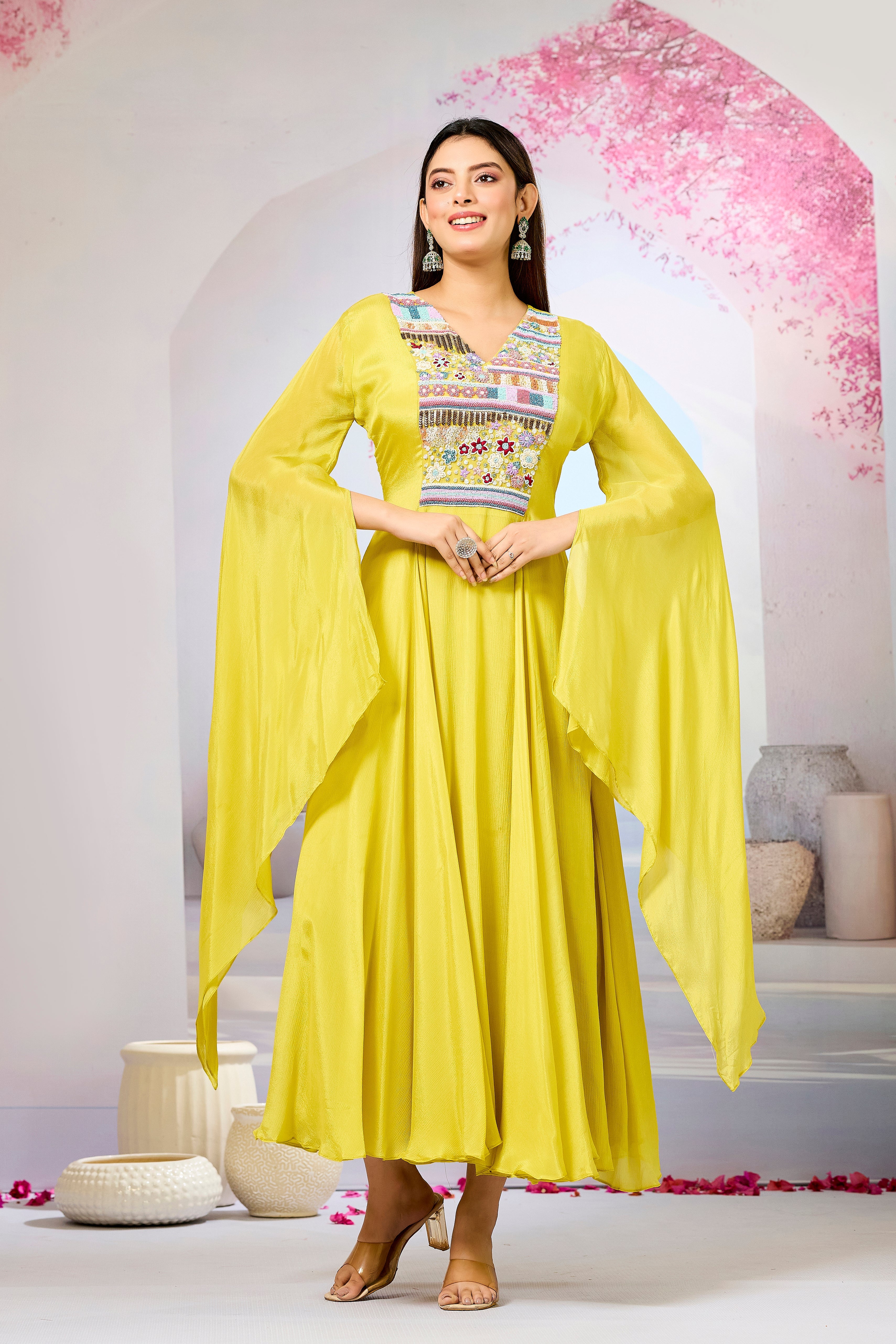Yellow Handwork Chinon Silk Dress