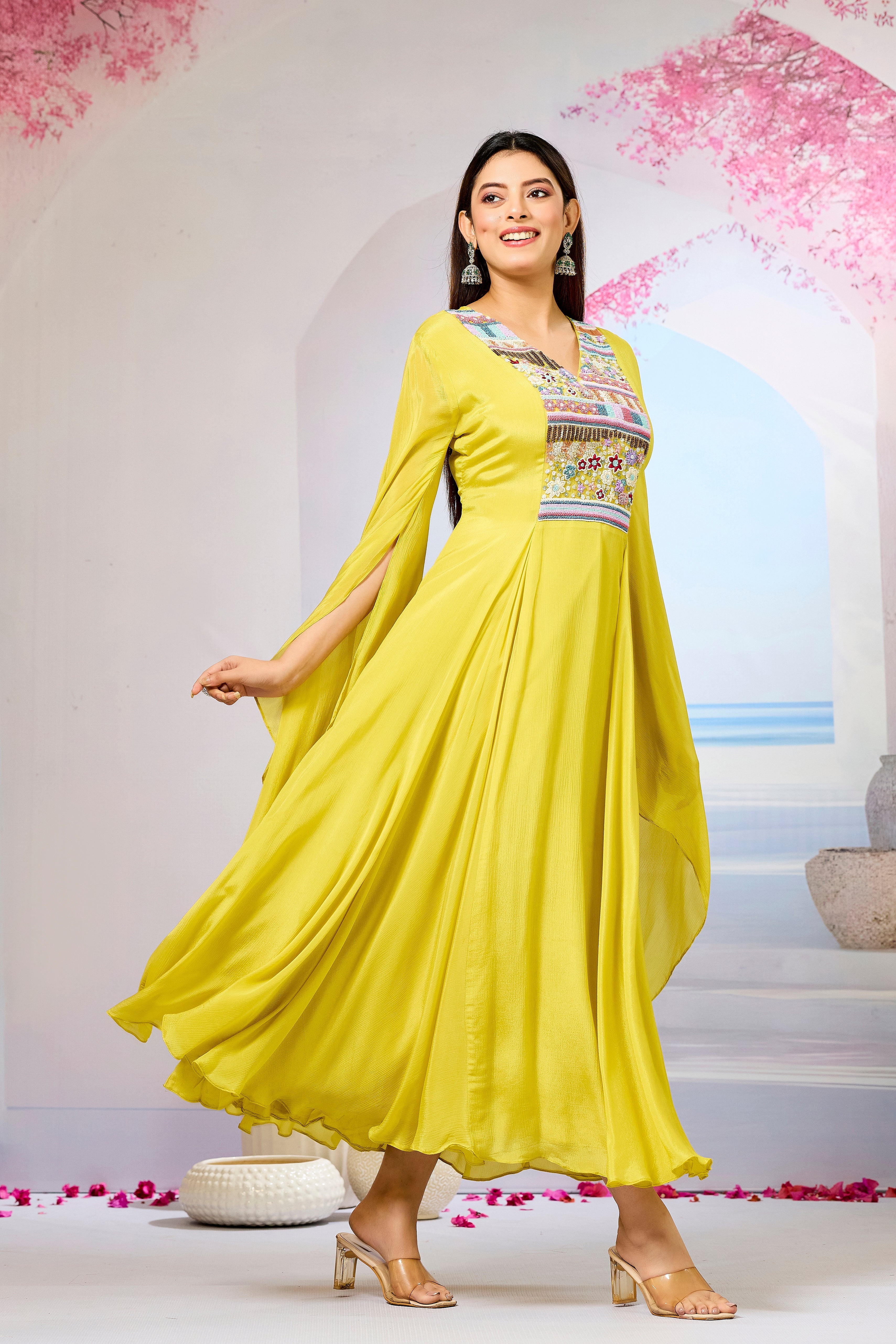 Yellow Handwork Chinon Silk Dress