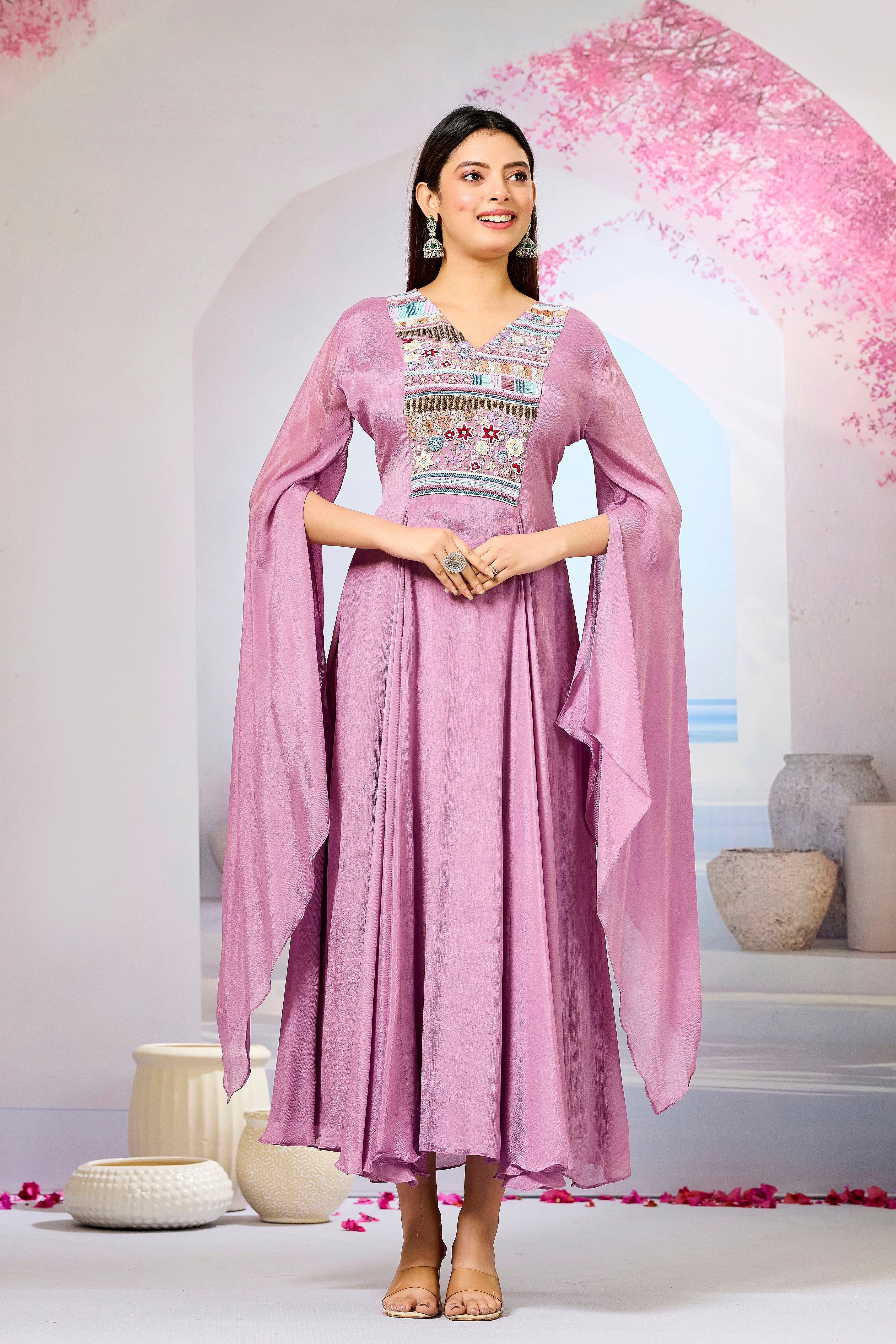 Pink Handwork Chinon Silk Dress