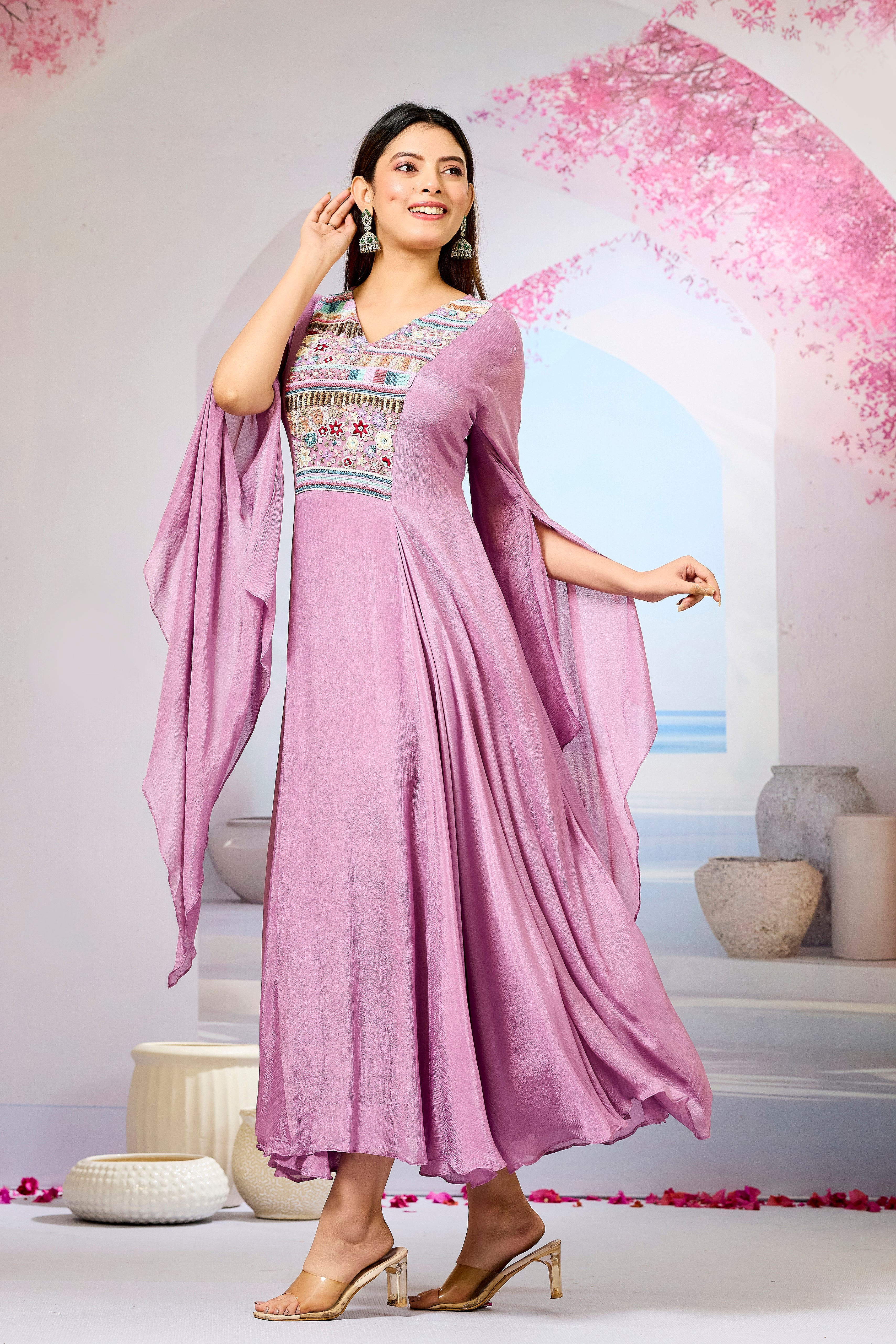 Pink Handwork Chinon Silk Dress