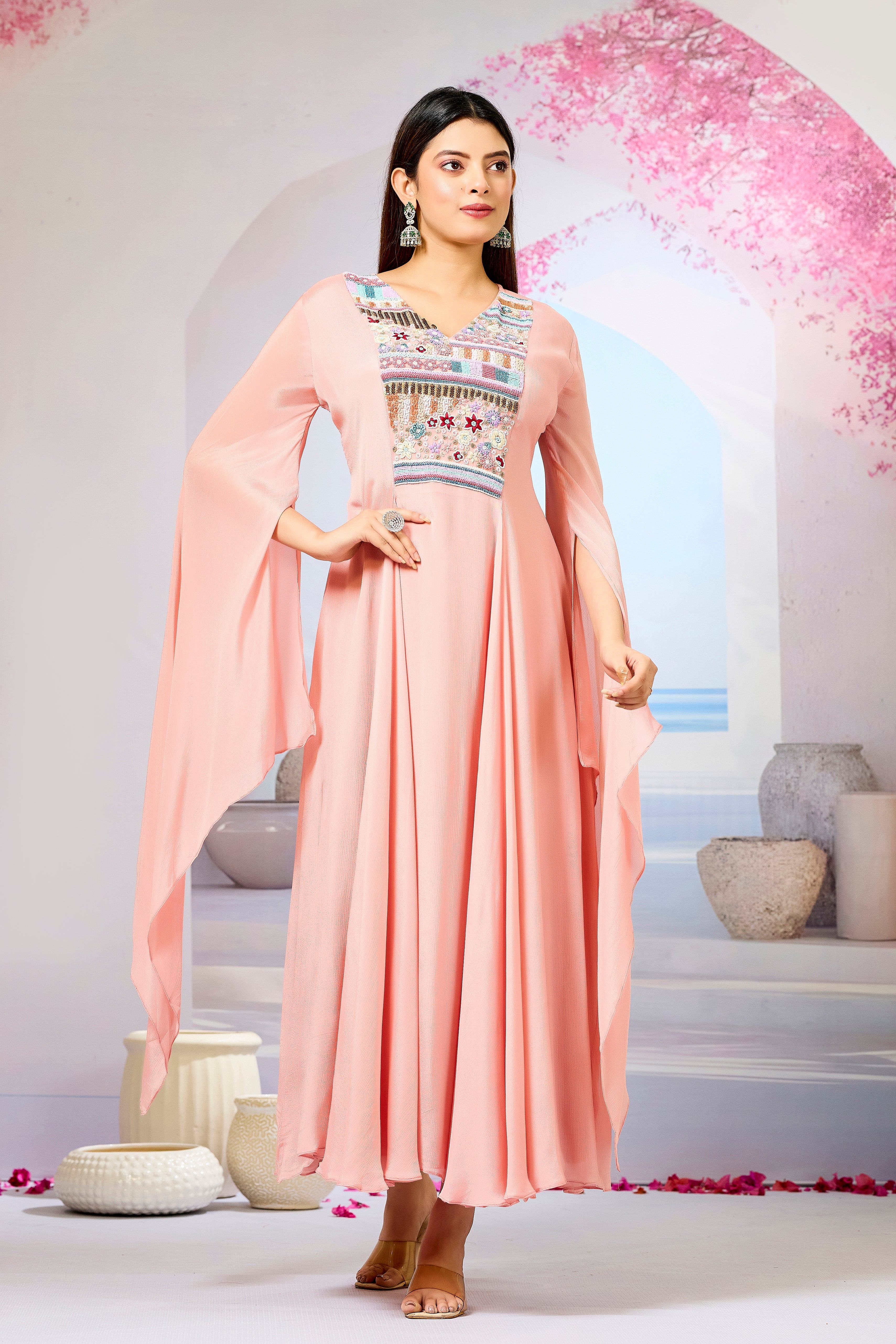 Peach Handwork Chinon Silk Dress