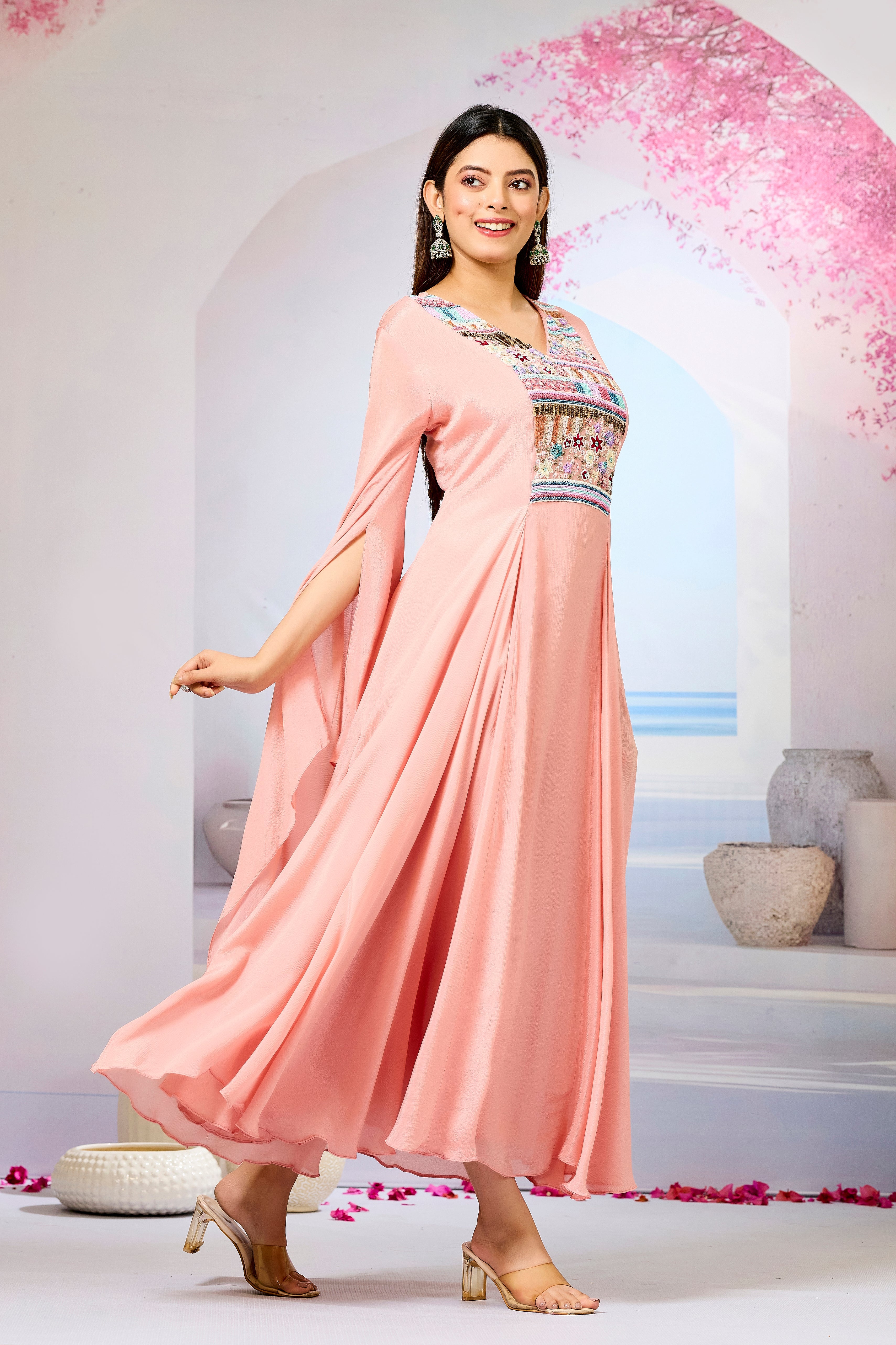 Peach Handwork Chinon Silk Dress