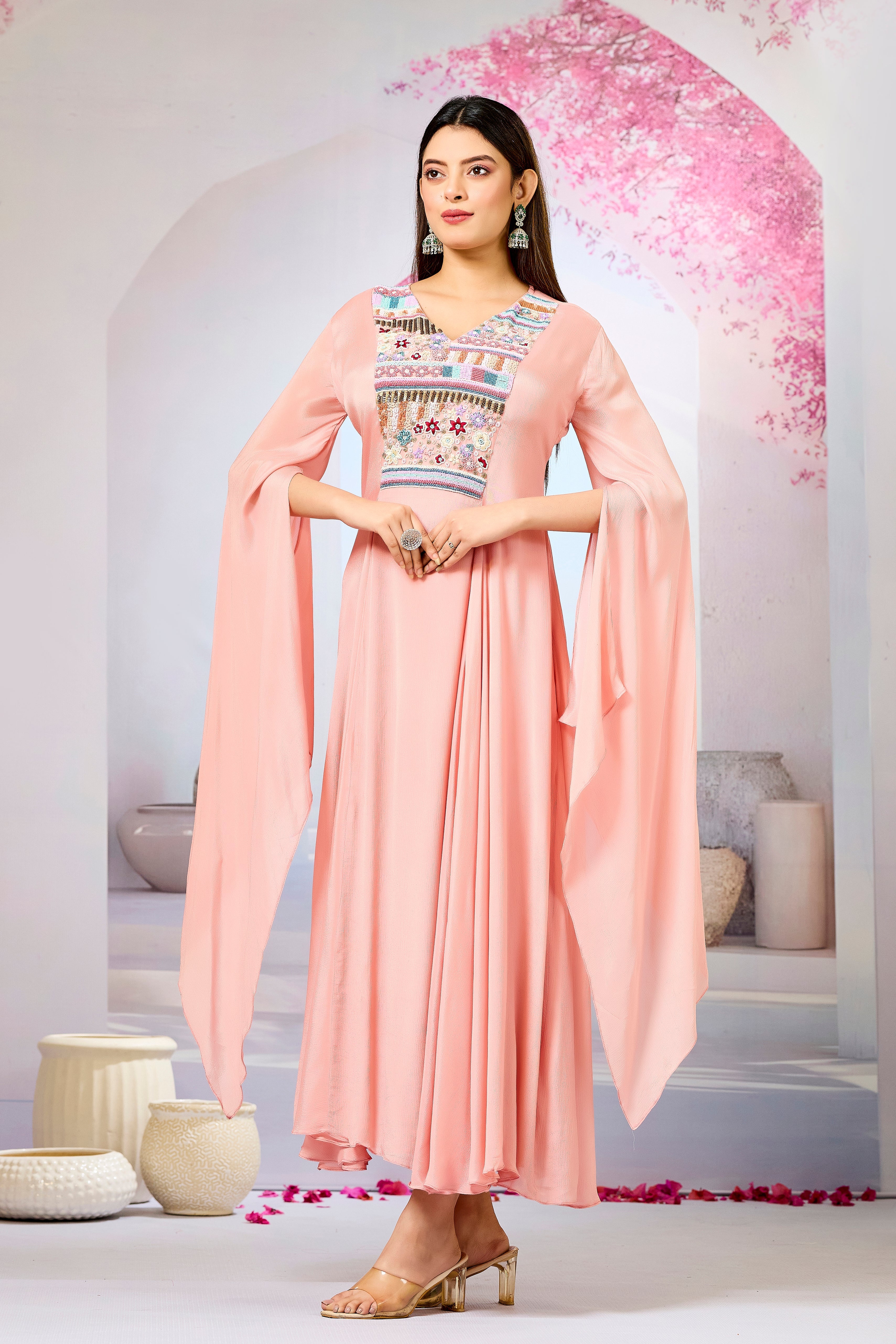 Peach Handwork Chinon Silk Dress
