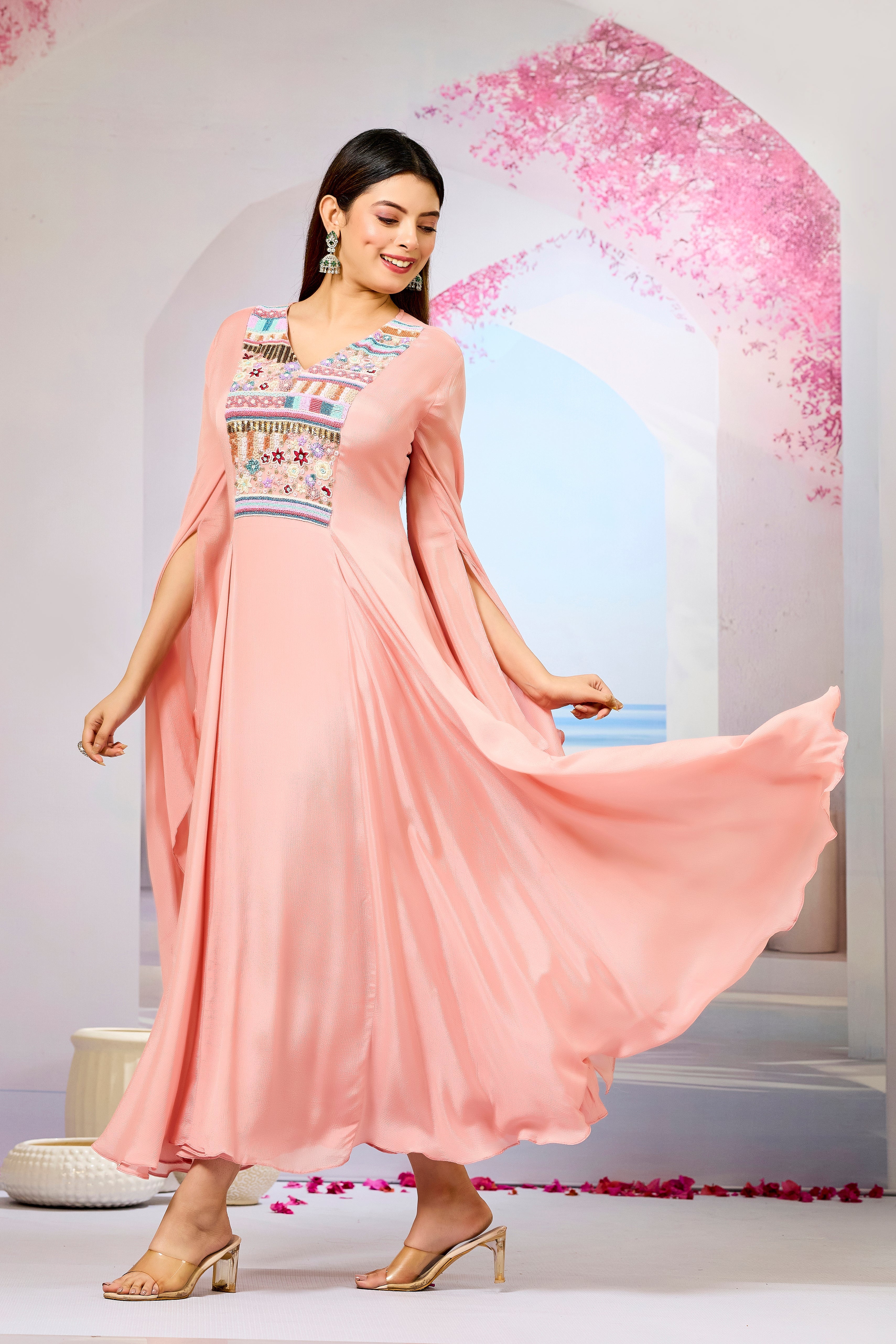 Peach Handwork Chinon Silk Dress