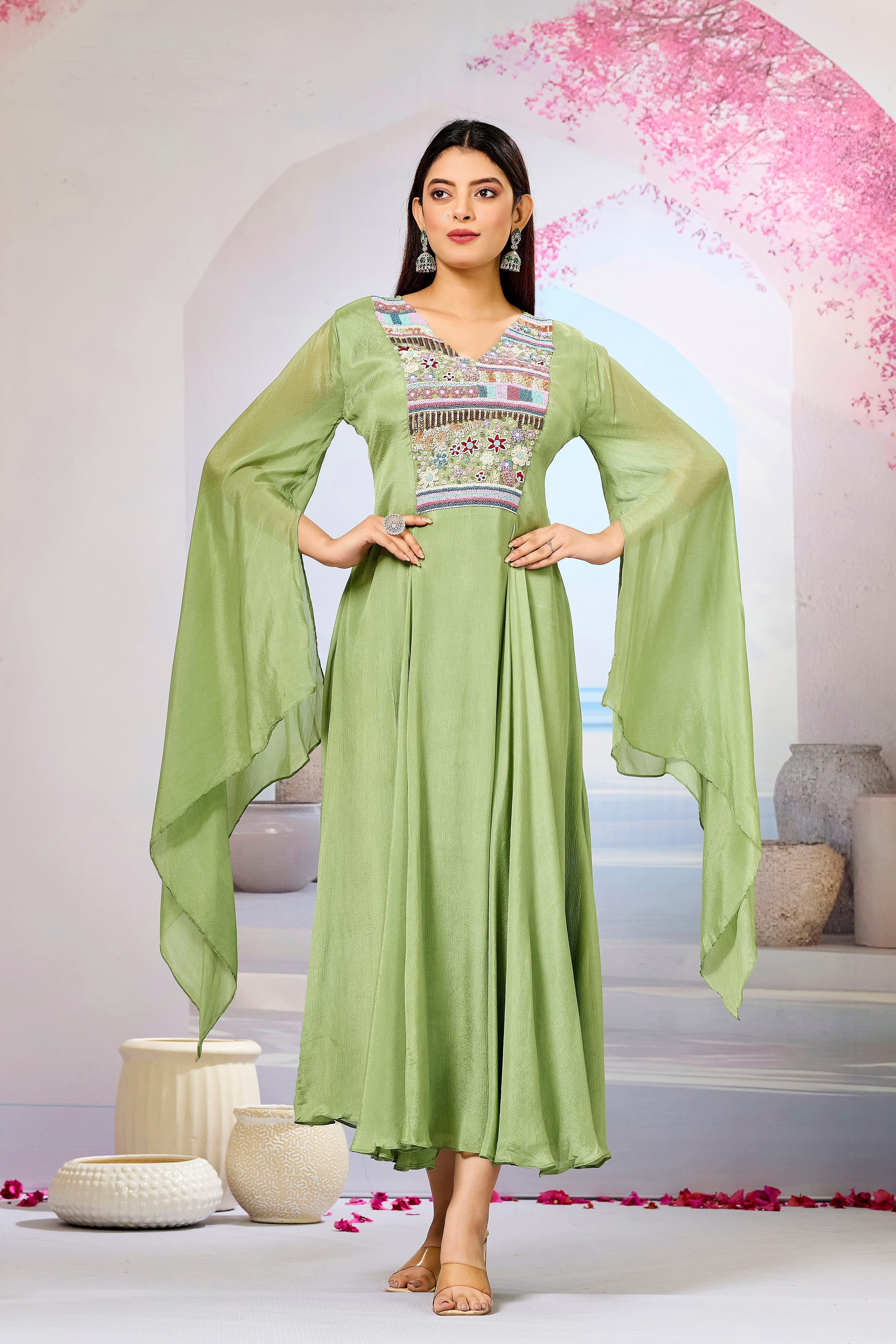 Green Handwork Chinon Silk Dress