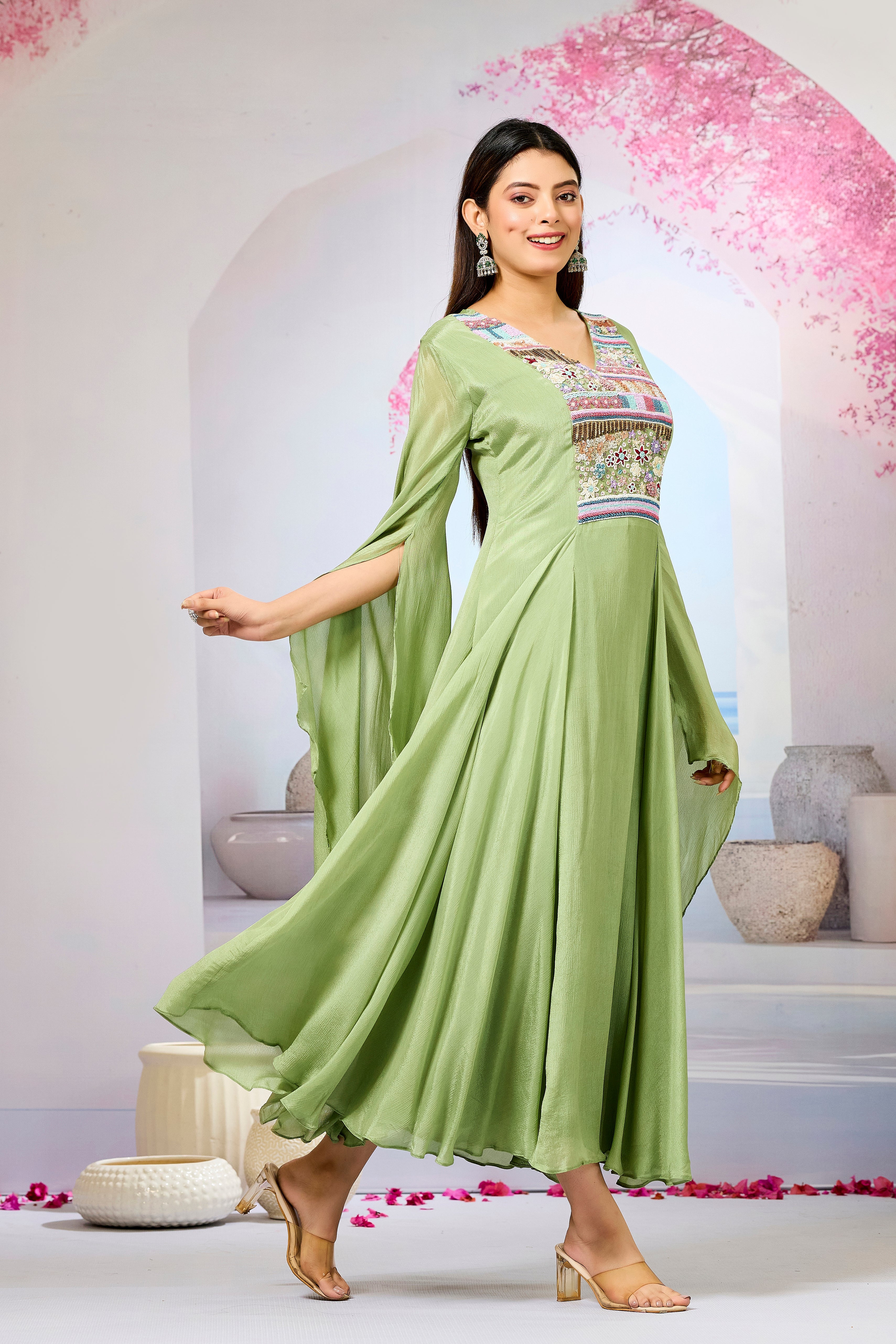 Green Handwork Chinon Silk Dress