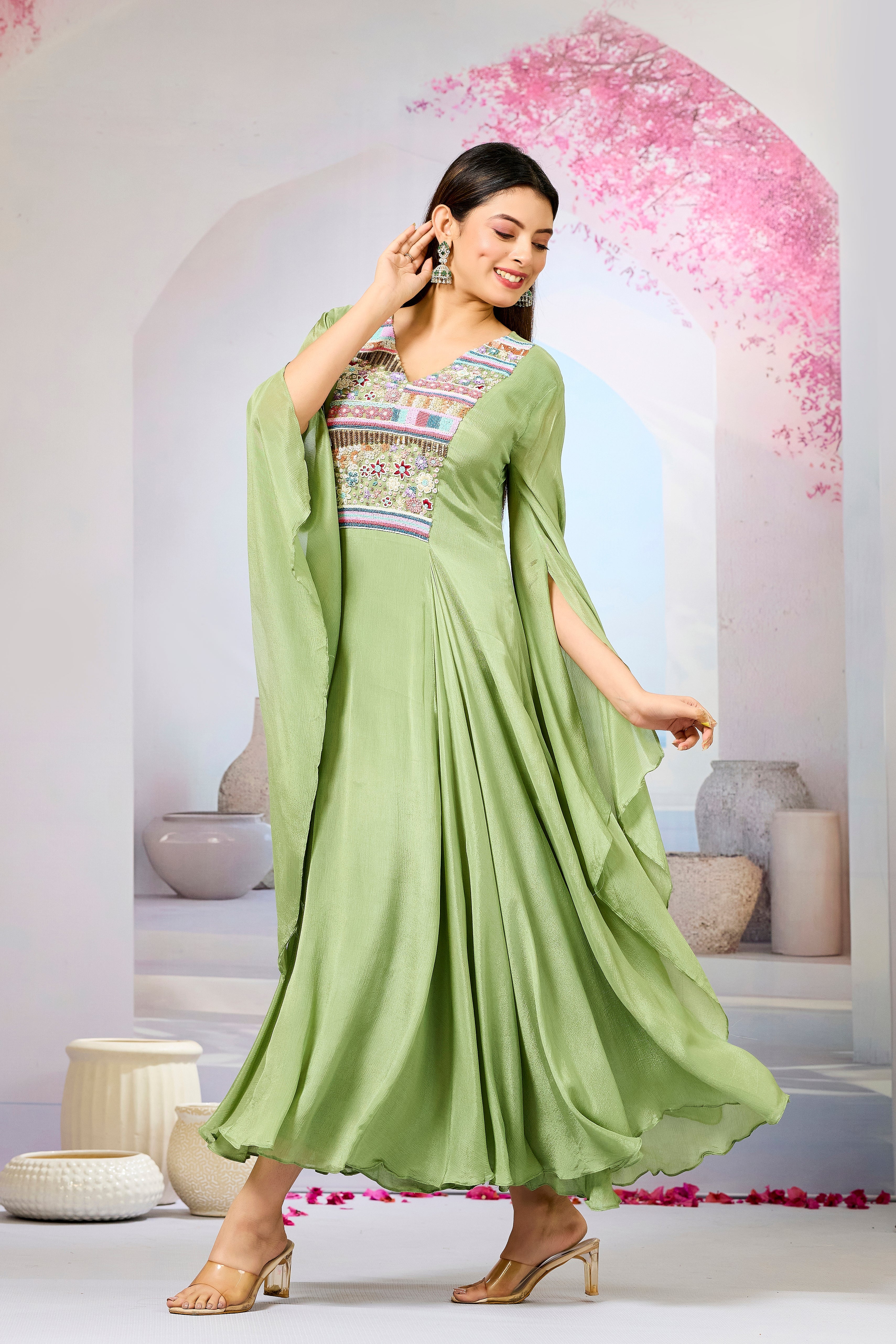 Green Handwork Chinon Silk Dress