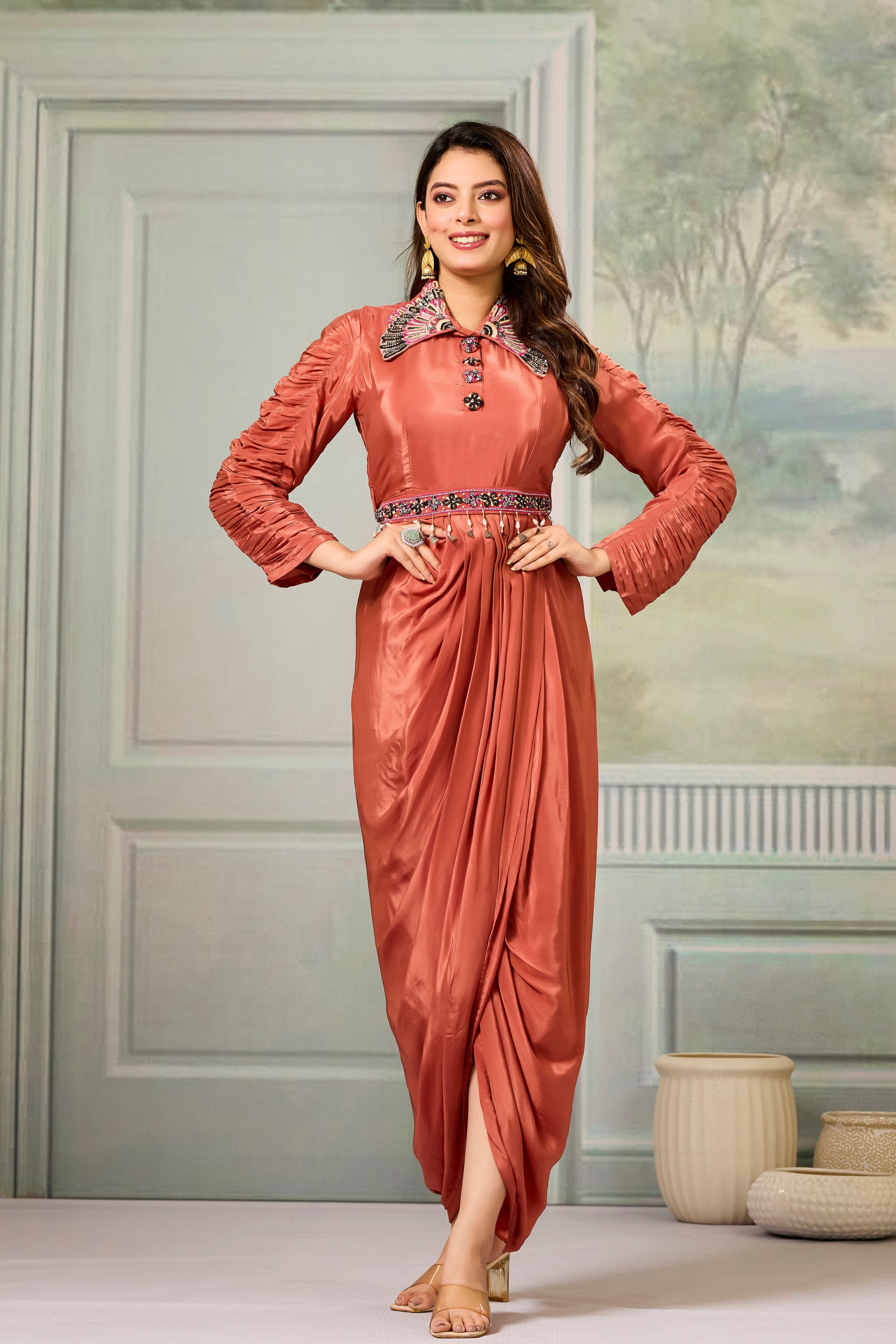 Maroon Embellished Crepe Silk Cowl Gown