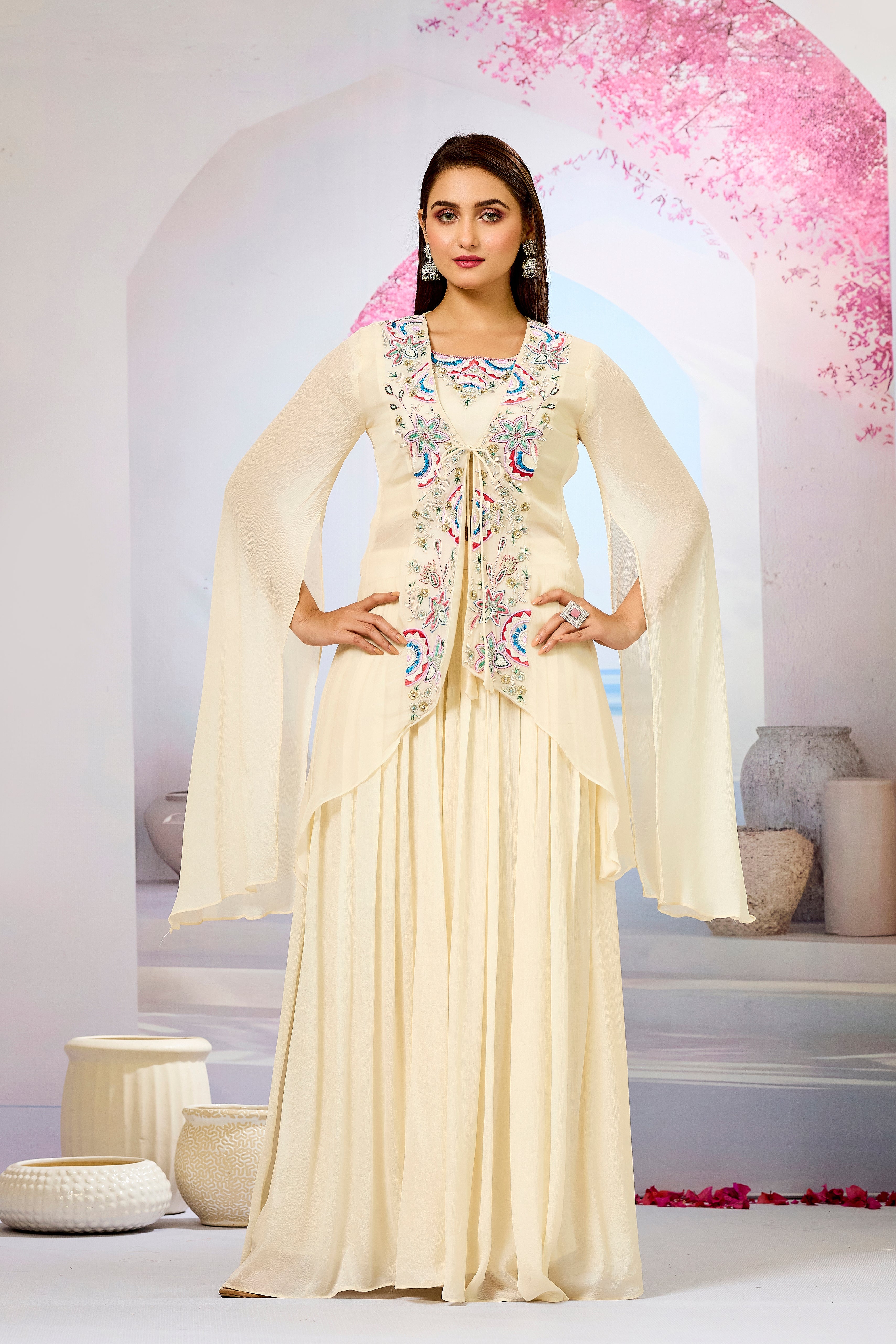 Cream Embellished Organza Silk Cape Set