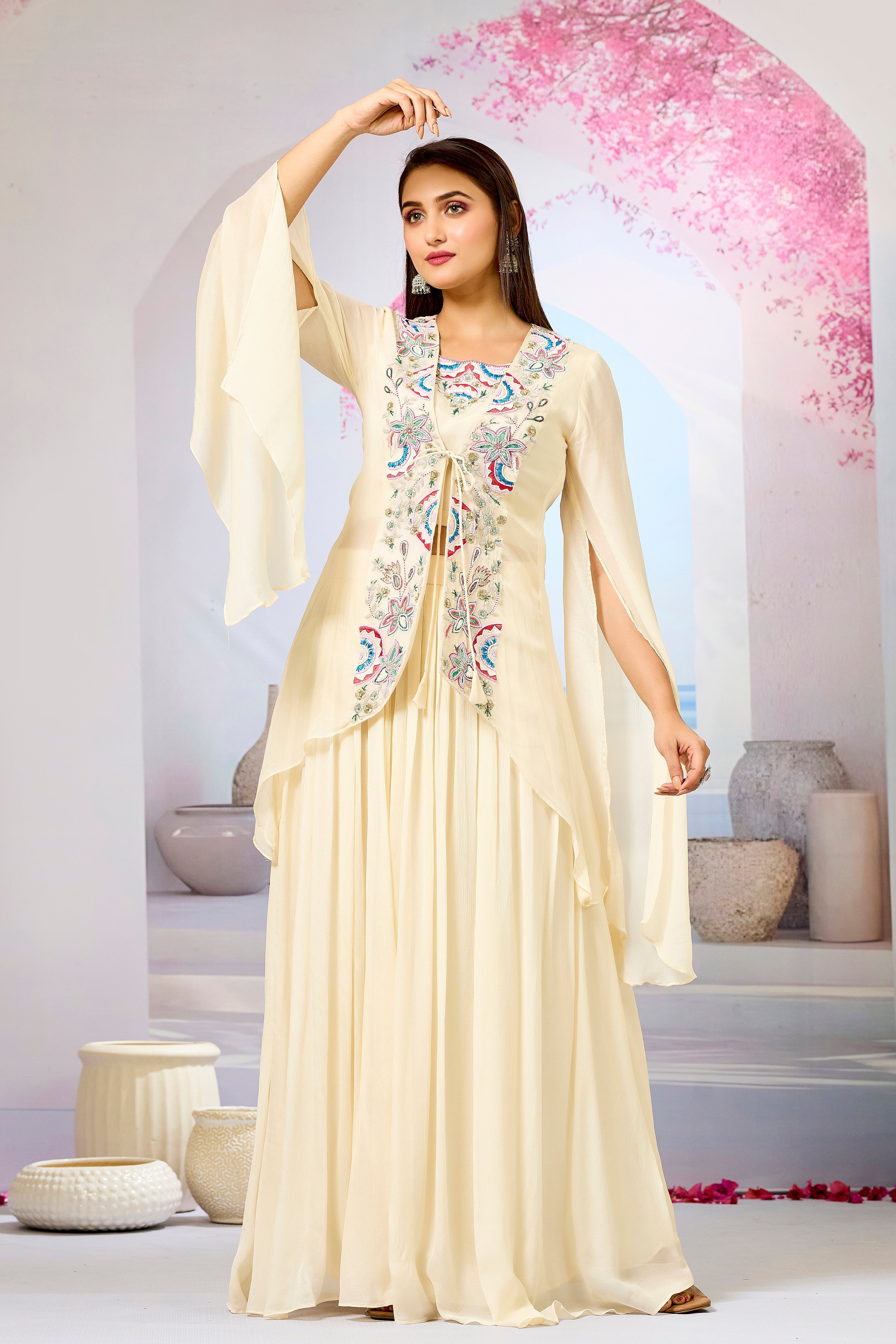 Cream Embellished Organza Silk Cape Set